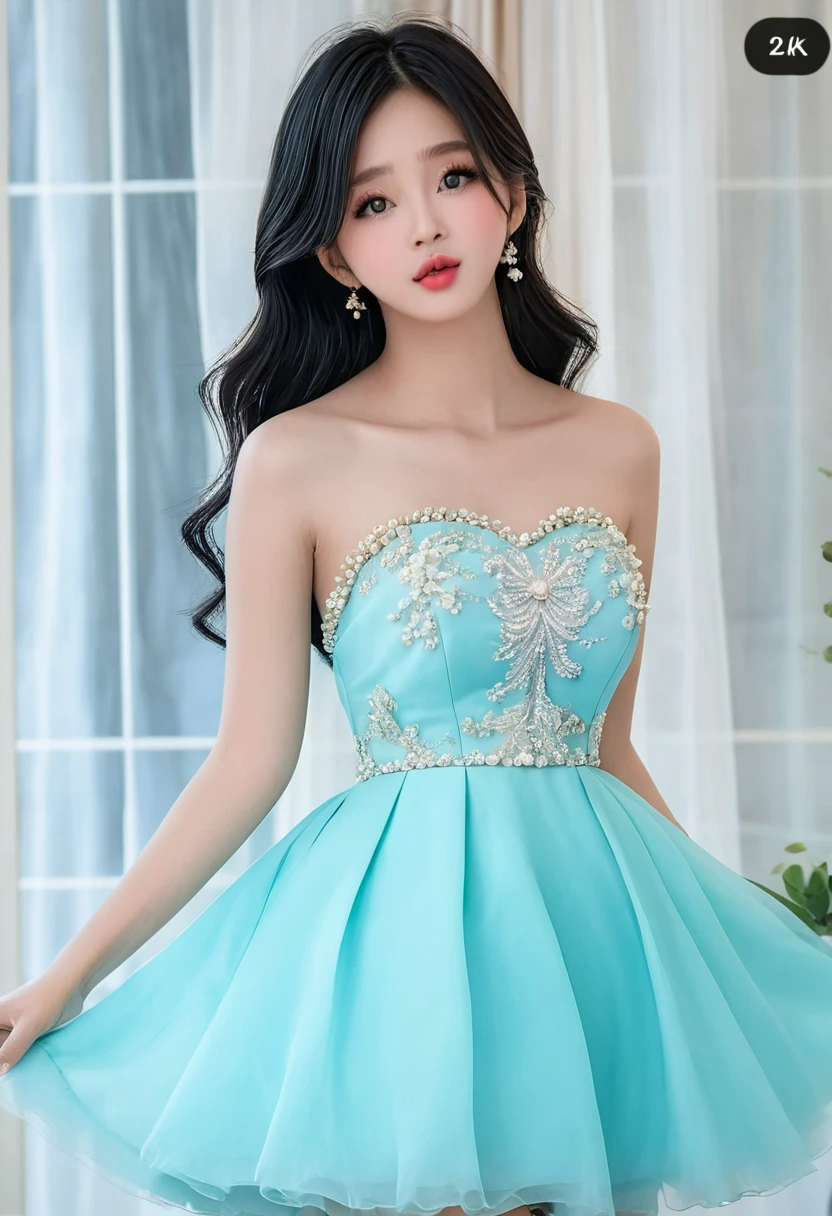 (best high quality:1.5), work of art, ((photographic)), (8k), extremely detailed, (High details:1.4), solo, ((HotLexi)), (Korean Ulzzang girl with 24 years old), ((dress strapless)),