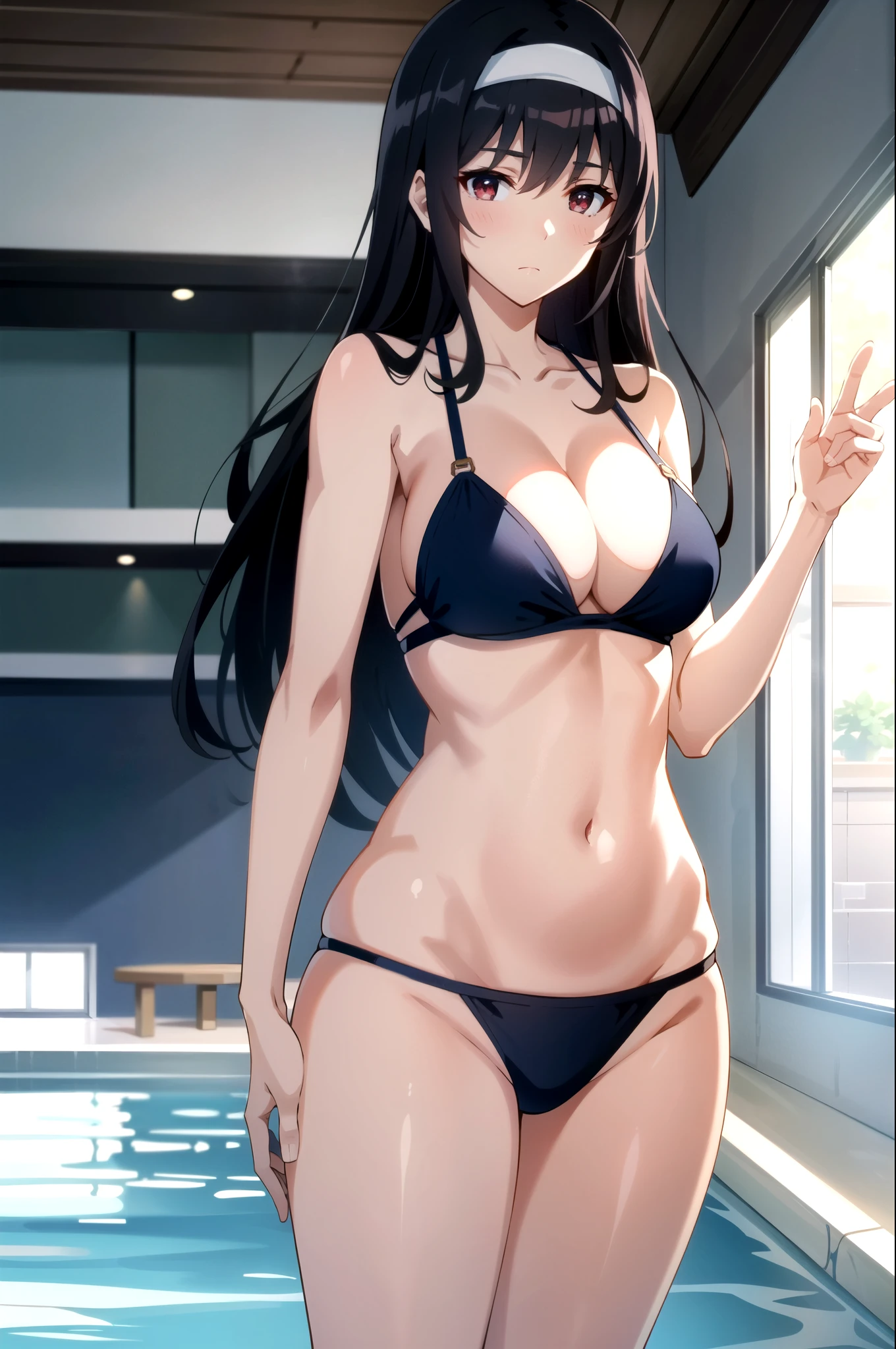 tall body, tall, long legs, mature female, mature, adult, eft_saekano_utaha, kasumigaoka utaha, 1girl, solo, long hair, black hair, hairband, breasts, red eyes, white hairband, blush, looking at viewer, closed mouth, swimsuit、An anime-style depiction of a beautiful young woman with long, straight black hair, wearing a white headband. She has vibrant red eyes and a healthy, fair complexion. She is dressed in a simple navy blue bikini with ring-style straps, standing by a wooden window with sunlight streaming through. The background shows an indoor poolside with greenery visible through the window. Her pose is relaxed yet confident, leaning slightly against the window, with a serious yet calm expression. The style is highly detailed and vibrant, typical of modern Japanese anime artwork, with soft natural lighting.