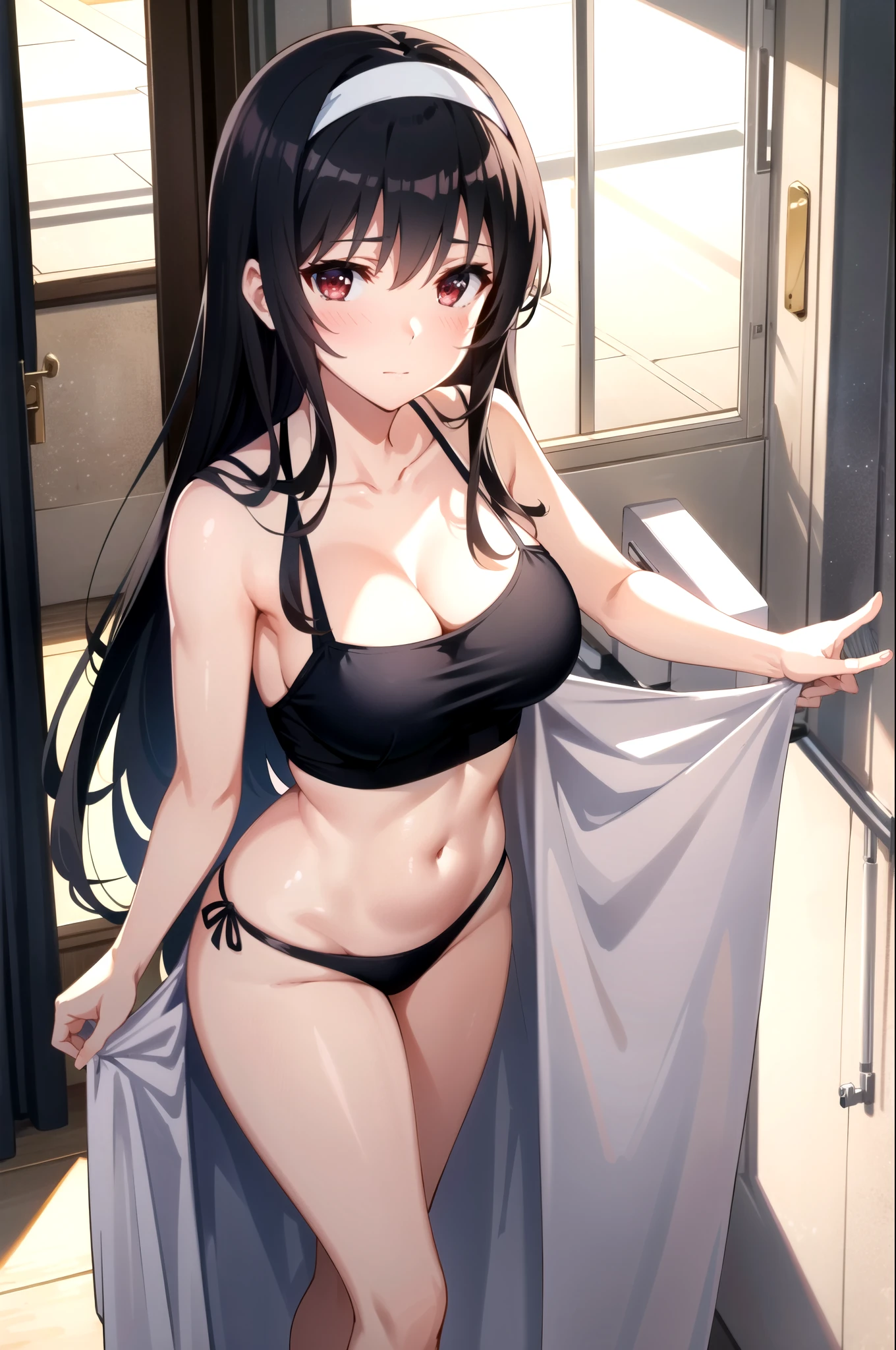 tall body, tall, long legs, mature female, mature, adult, eft_saekano_utaha, kasumigaoka utaha, 1girl, solo, long hair, black hair, hairband, breasts, red eyes, white hairband, blush, looking at viewer, closed mouth, swimsuit、