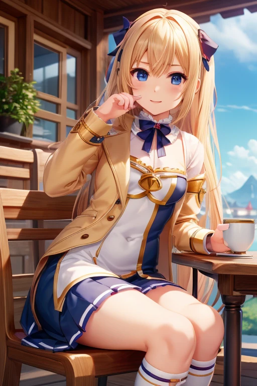  anime girl sitting on a chair holding a coffee cup in her hand, Alchemist Girl ,  Light novel cover ,  Official Art,  Epic Light Novel Art Cover,  Official Artwork, epic  Light novel cover , change, isekai, small curve change, Crush Lease, Kshat Krentzky Art Feminine,   Shadowverse Style , Moe Dwarf,