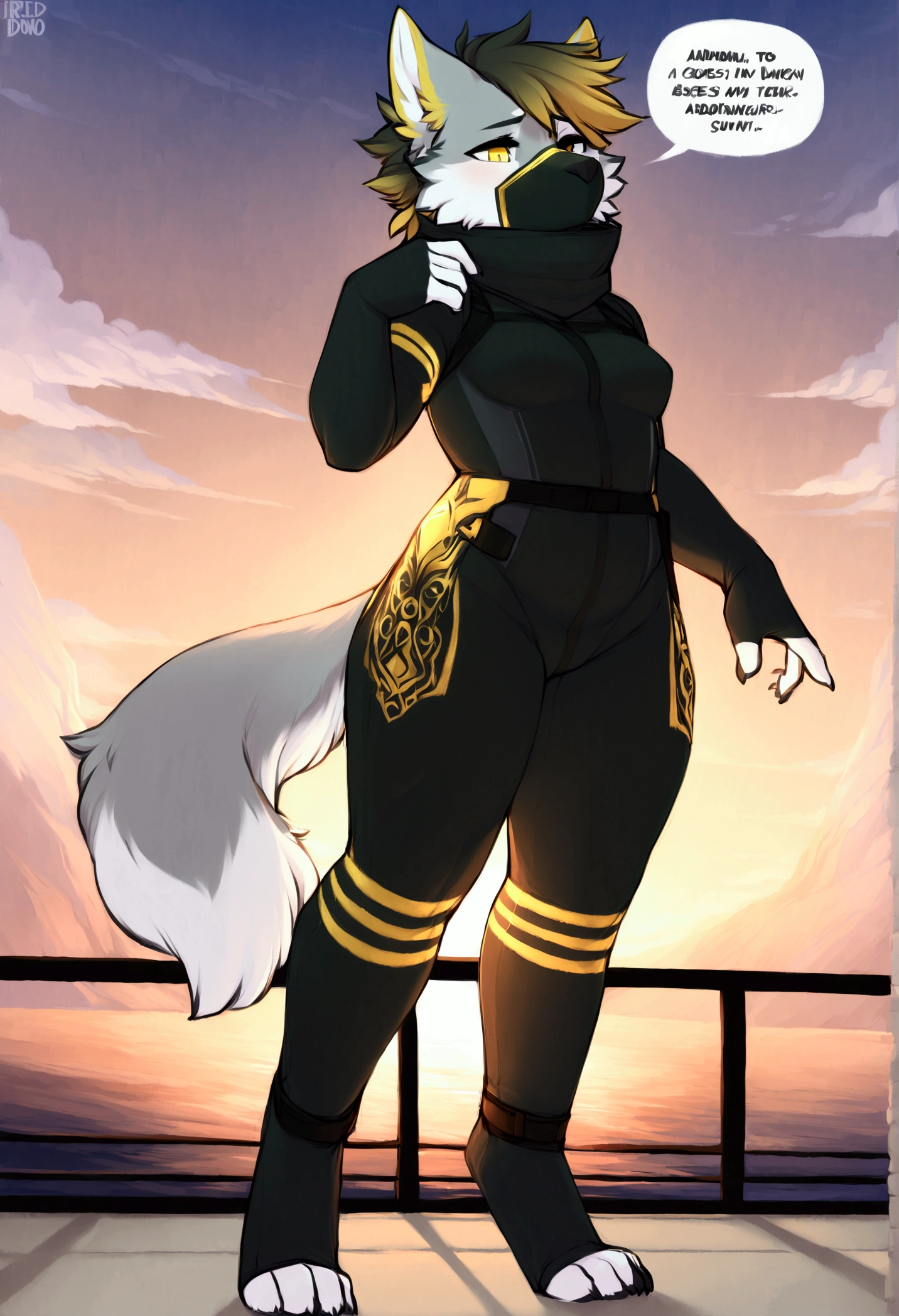 (top quality, best quality, Iriedono, High-quality illustrations, masterpiece, perfect artwork, cinematic light and shading, 16k, 1080p, uploaded on e621)(kemono, furry, anthro, alone), 1 andromorph, (very detailed body, face, tail, arms, hands, legs, head and eyes), andromorph body, gray wolf, slightly chubby body, small breasts, grey fur, fluffy, gold markings, wolf ears, wolf fluffy tail, wolf cute hair, perfect eyes, yellow eyes, black pupils, beautiful military fully black one-piece special agent suit, wearing a military balaclava, wearing a military googles, military ship, body movement, body twitching, bending over, talking, comic text cloud,