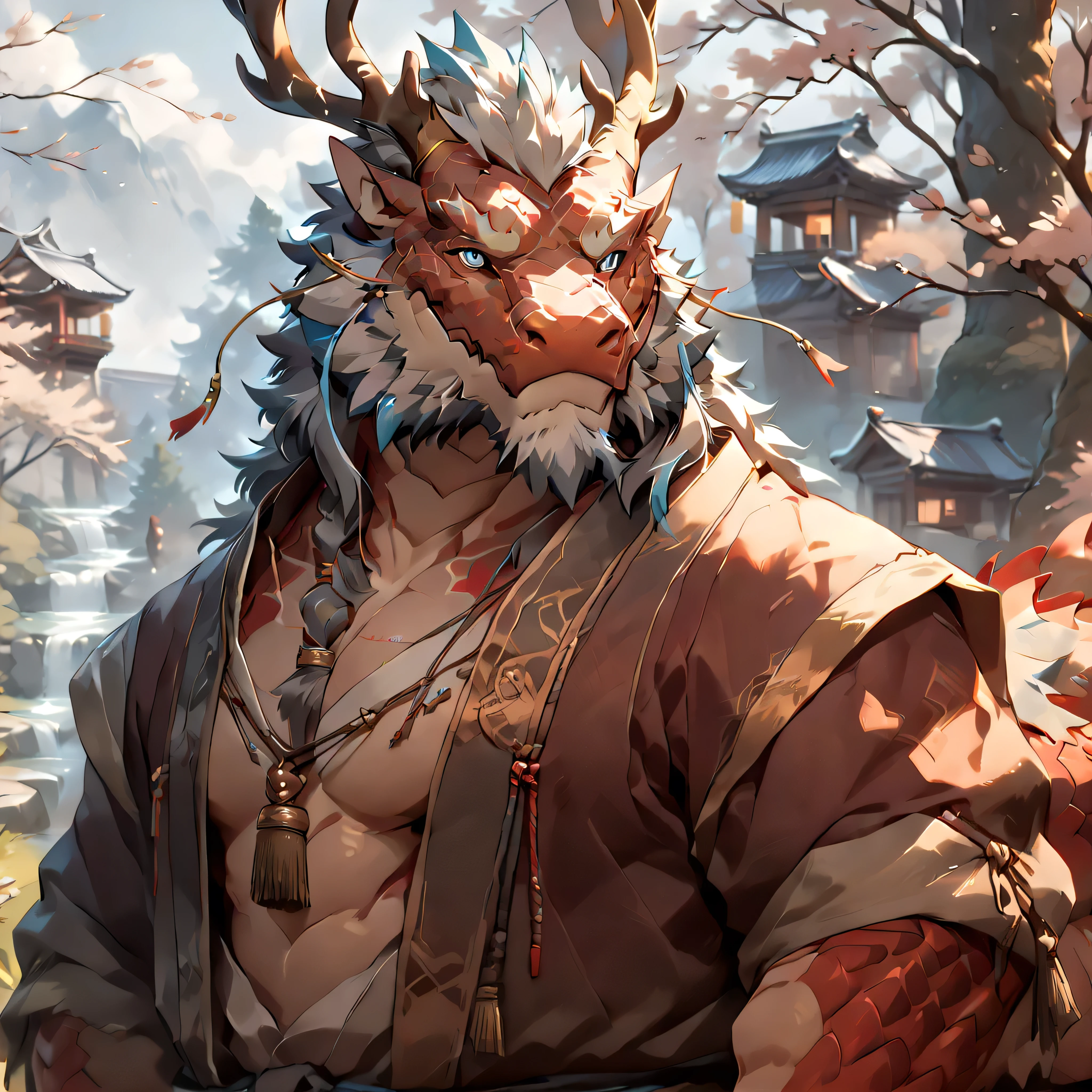 ### Main Character
(Eastern Dragon Furry:1.4), strong mature male, (red scales:1.8), white chest scales, (gray mane:1.2), (blue eyes:1.3), (antlers:1.2), flowing beard
### Physical Focus
(muscular chest:1.5), (defined muscles:1.4), (bara style body:1.3), (exposed upper body:1.4)
### Expression & Pose
(alluring gaze:1.2), gentle smile, looking at viewer, (confident pose:1.2)
### Quality
(masterpiece:1.4), best quality, ultra detailed, (perfect anatomy:1.3)