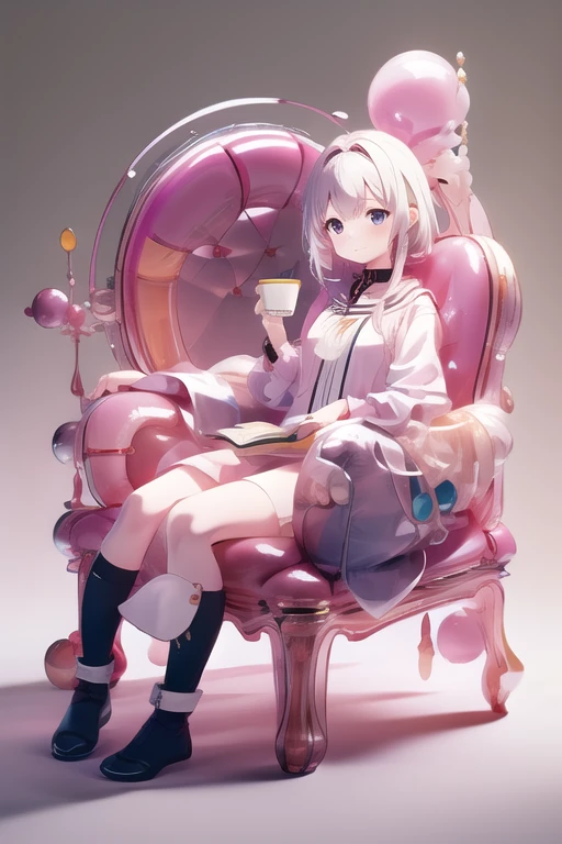  anime girl sitting on a chair holding a coffee cup in her hand, Alchemist Girl ,  Light novel cover ,  Official Art,  Epic Light Novel Art Cover,  Official Artwork, epic  Light novel cover , change, isekai, small curve change, Crush Lease, Kshat Krentzky Art Feminine,   Shadowverse Style , Moe Dwarf,