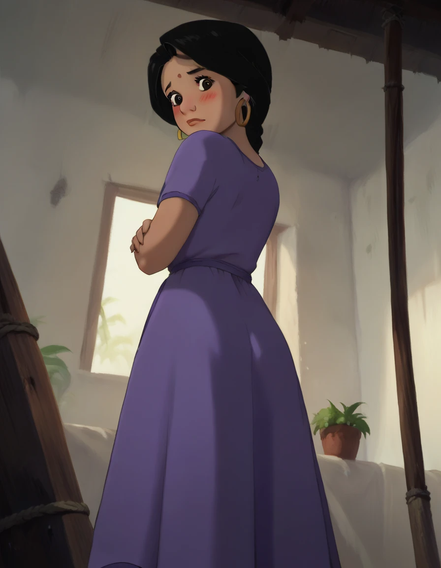 Shanti,  black hair ,  braided ponytail ,  brown eyes, score_9, score_8_up, score_7_up, score_6_up, score_5_up, score_4_up, woman,  retro art style , flat chest, clavicle, (Alone), standing,  Looking at the viewer, earrings rings , purple dress,   inside the house , of coasts, panties, in this pra cima, bottom view, in this,  Back View, curved, shy, Blush, ((lift dress)), Bend