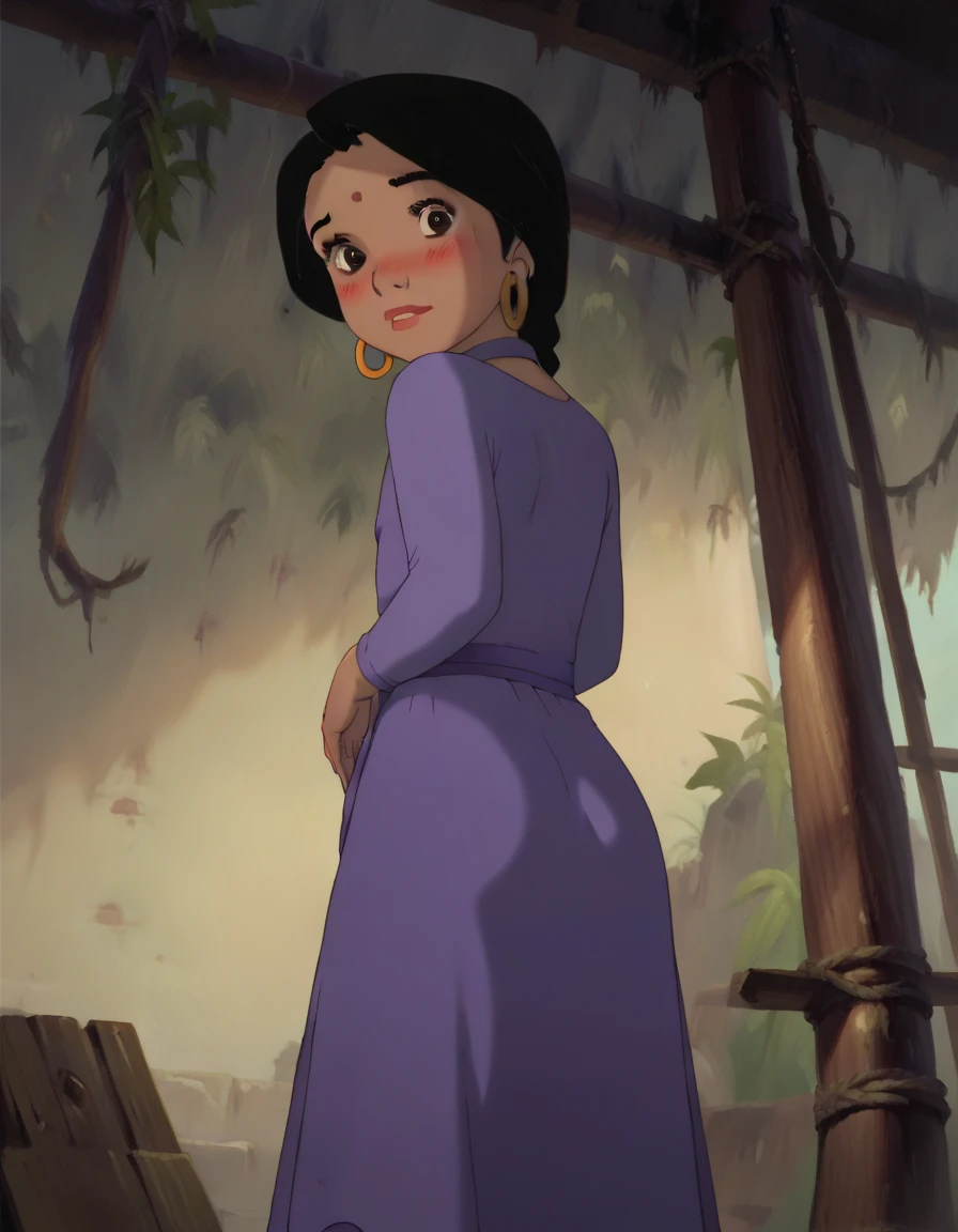 Shanti,  black hair ,  braided ponytail ,  brown eyes, score_9, score_8_up, score_7_up, score_6_up, score_5_up, score_4_up, woman,  retro art style , flat chest, clavicle, (Alone), standing,  Looking at the viewer, earrings rings , purple dress,   inside the house , of coasts, panties, in this pra cima, bottom view, in this,  Back View, curved, shy, Blush, ((lift dress)), Bend