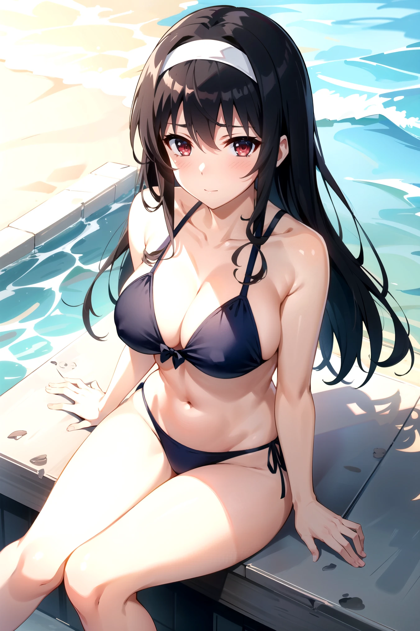 tall body, tall, long legs, mature female, mature, adult, eft_saekano_utaha, kasumigaoka utaha, 1girl, solo, long hair, black hair, hairband, breasts, red eyes, white hairband, blush, looking at viewer, closed mouth, swimsuit、