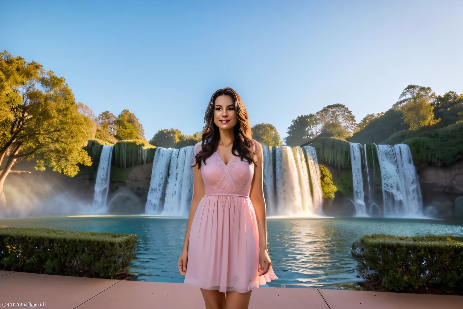 Rania, 1girl, solo, ((Egyptian woman)), consistent face and body, ((MILF)), ((30 years old)), (mature), ((slim)), ((Egyptian face)), (Egyptian nose), (Egyptian lips), ((long straight hair)), upper body and upper legs, (background: overlooking Aquaventure Waterpark), BREAK, (wearing light-purple printed spring dress), smirking, teasing

