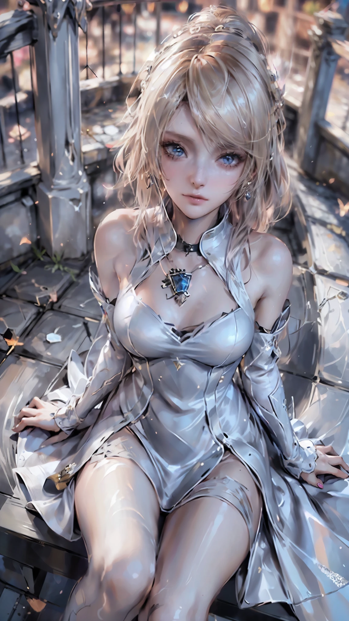 landscape of an woman, landscape of a very beautiful woman, (((cowboy shot))), photography with Fujifilm XT3, depth of field, film grain, female focus, Queen Lunafreya /(Final Fantasy XV/), anime style, (((sit down)))!!!, (sit down at the edge of very high broken bridge), Orange Brown sky with full of cloud on the back, (((Future City after war atsmosperic)))!!, 1girl looks at the camera with beautiful light blue eyes, Ultra detailed eyes, (Beautiful light blue eye's like sapphire :1.40)!!, Stars in her fixed eyes, (homochromatic eyes)!!!, kindness smile, (Embarrased Blush)!! Perfect nose, Cute little nose, Earrings, beatiful face, Face Clean, Skin, hyper realistic, Incredibly detailed face, hyper detailed face, A face with a lot of detail, Perfect eye shadow, wink, Hyper-Detailed Eyes, Hyper-detailing of eyebrows, Hyper-detailed eyelashes, blonde hair between eyes, yellow hair bangs, (ultra shine yellow hair)!!, ((dynamic composition)), detached sleeves, /((wear lunafreya dress/))
)!!!, (silver dress)!!, /(full of detailed dress/)!, vivid color clothes, detailed realistic clothes, neck garter, kindness, plump breasts, (plump breast covered with silk lace)!!, open skirt, slim legs, smooth thighs cleavage, glass shoe, (((ultra Epic Scene)))!!, Dramatic scene, Best Quality, Masterpiece, Ultra-detailed, Beautiful, hight resolution, Original, CG 8K, perfect photo, dramatic lighting, (Realistic) Realistic, Full HD, Best Quality, Best Quality, Beautiful lighting, (8k wallpaper of extremely detailed CG unit), High Details, sharp-focus, The art of dramatic and photorealistic painting, ((Sit down at the edge of Very High broken Bridge)), dynamic composition
