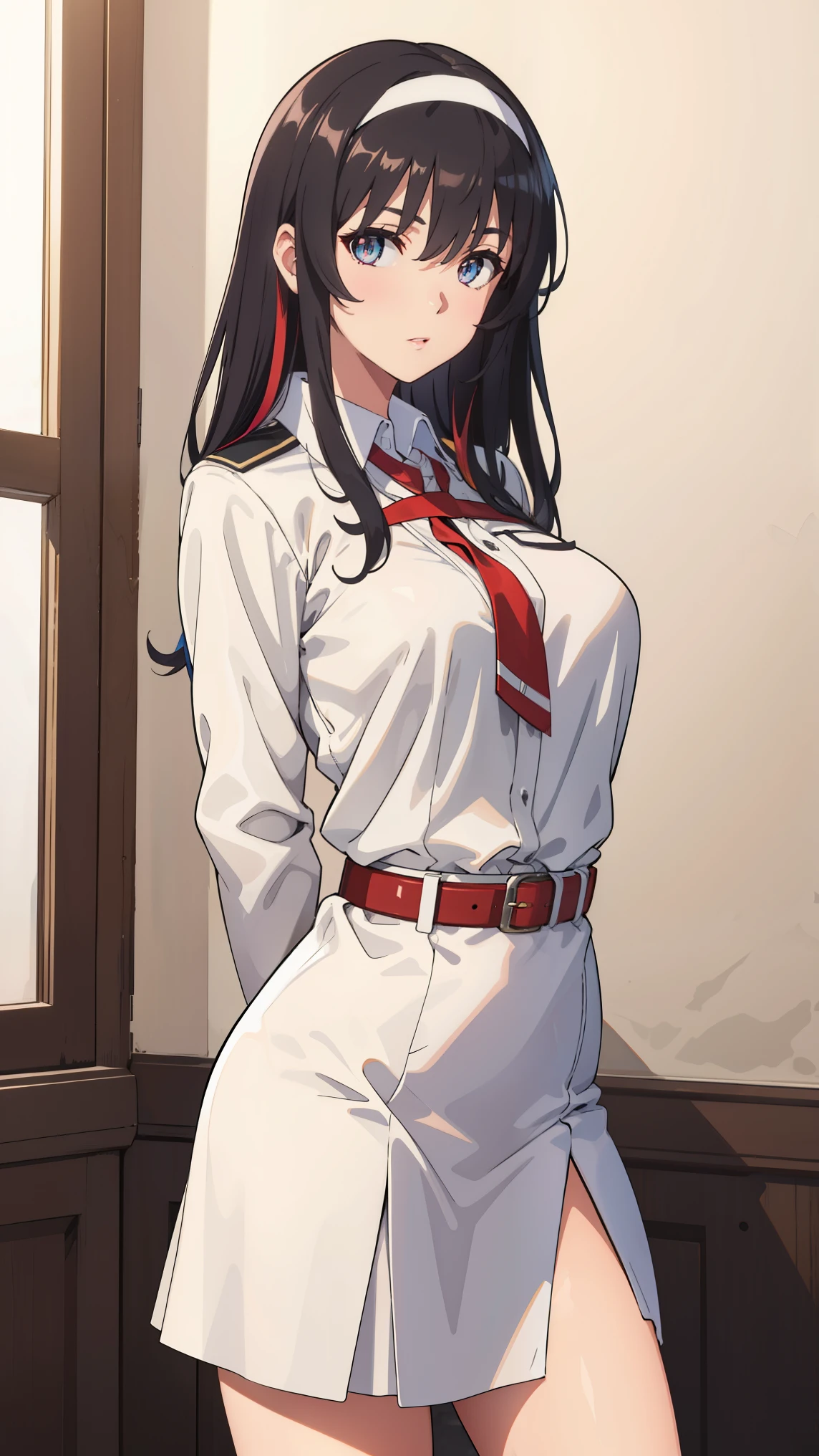 tall body, tall, long legs, mature female, mature, adult, eft_saekano_utaha, kasumigaoka utaha, 1girl, solo, long hair, black hair, hairband, breasts, red eyes, white hairband,
BREAK ((two-tone dress, red belt, lycoris uniform:1.2)),
BREAK looking at viewer, show off breasts, take off clothes and show off breasts, chest protruding pose,arms behind back, 
BREAK indoors,
BREAK (masterpiece:1.2), best quality, high resolution, unity 8k wallpaper,NSFW ,(illustration:0.8), (beautiful detailed eyes:1.6), extremely detailed face, perfect lighting, extremely detailed CG, (perfect hands, perfect anatomy),