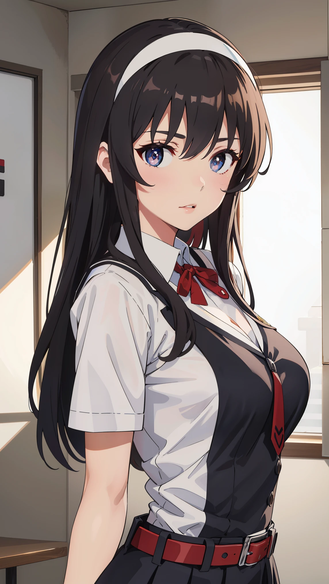 tall body, tall, long legs, mature female, mature, adult, eft_saekano_utaha, kasumigaoka utaha, 1girl, solo, long hair, black hair, hairband, breasts, red eyes, white hairband,
BREAK ((two-tone dress, red belt, lycoris uniform:1.2)),
BREAK looking at viewer, show off breasts, take off clothes and show off breasts, chest protruding pose,arms behind back, 
BREAK indoors,
BREAK (masterpiece:1.2), best quality, high resolution, unity 8k wallpaper,NSFW ,(illustration:0.8), (beautiful detailed eyes:1.6), extremely detailed face, perfect lighting, extremely detailed CG, (perfect hands, perfect anatomy),