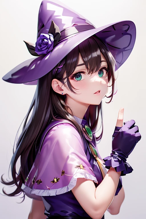  beautiful girl,  perfect face,  arms on both sides , masterpiece,  ultra high resolution,  High Quality , 4K,  upper body:1.5,  Lisa (genshin impact), urple witch hat, Green Eyes,  review,  bangs,  dress,  Rose,  jewelry, witch,  capelet , Purple hat,  Black Gloves , Purple Flower,  hair between eyes, purple  Rose, Part your lips, purple  capelet , Hatsuhana , multicolored  dress,  Hair Accessory,  windmill, From the side,