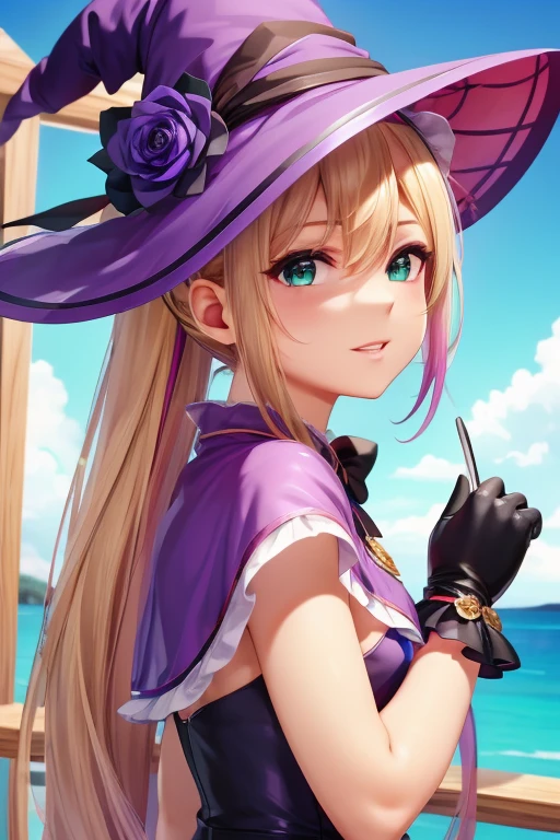  beautiful girl,  perfect face,  arms on both sides , masterpiece,  ultra high resolution,  High Quality , 4K,  upper body:1.5,  Lisa (genshin impact), urple witch hat, Green Eyes,  review,  bangs,  dress,  Rose,  jewelry, witch,  capelet , Purple hat,  Black Gloves , Purple Flower,  hair between eyes, purple  Rose, Part your lips, purple  capelet , Hatsuhana , multicolored  dress,  Hair Accessory,  windmill, From the side,