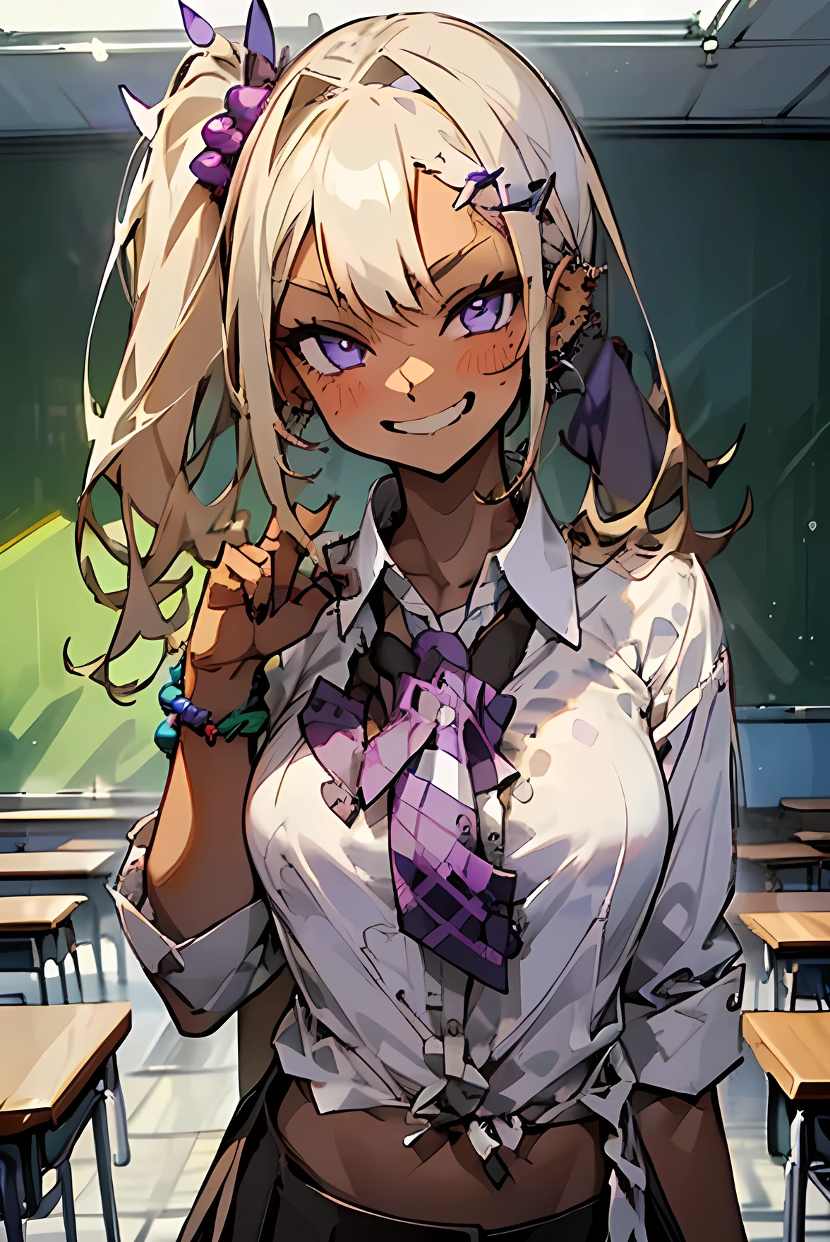 ((masterpiece、  best quality、  very detailed))、  one girl  、Improve、(( Brown Skin :1.3))、blonde、(( Side Ponytail ))、Light purple eyes、 Evil Smiles 、((  smirking ))、(( lots of piercings ))、Soft breasts、((  White Collared Shirt :1.6))、((clavicle))、(( purple bra ))、  Necklaces  、  bracelets staring at the viewer、((  Black Pleated Skirt ))、(( micro mini skirt))、  cowboy shots、  Classroom Background 