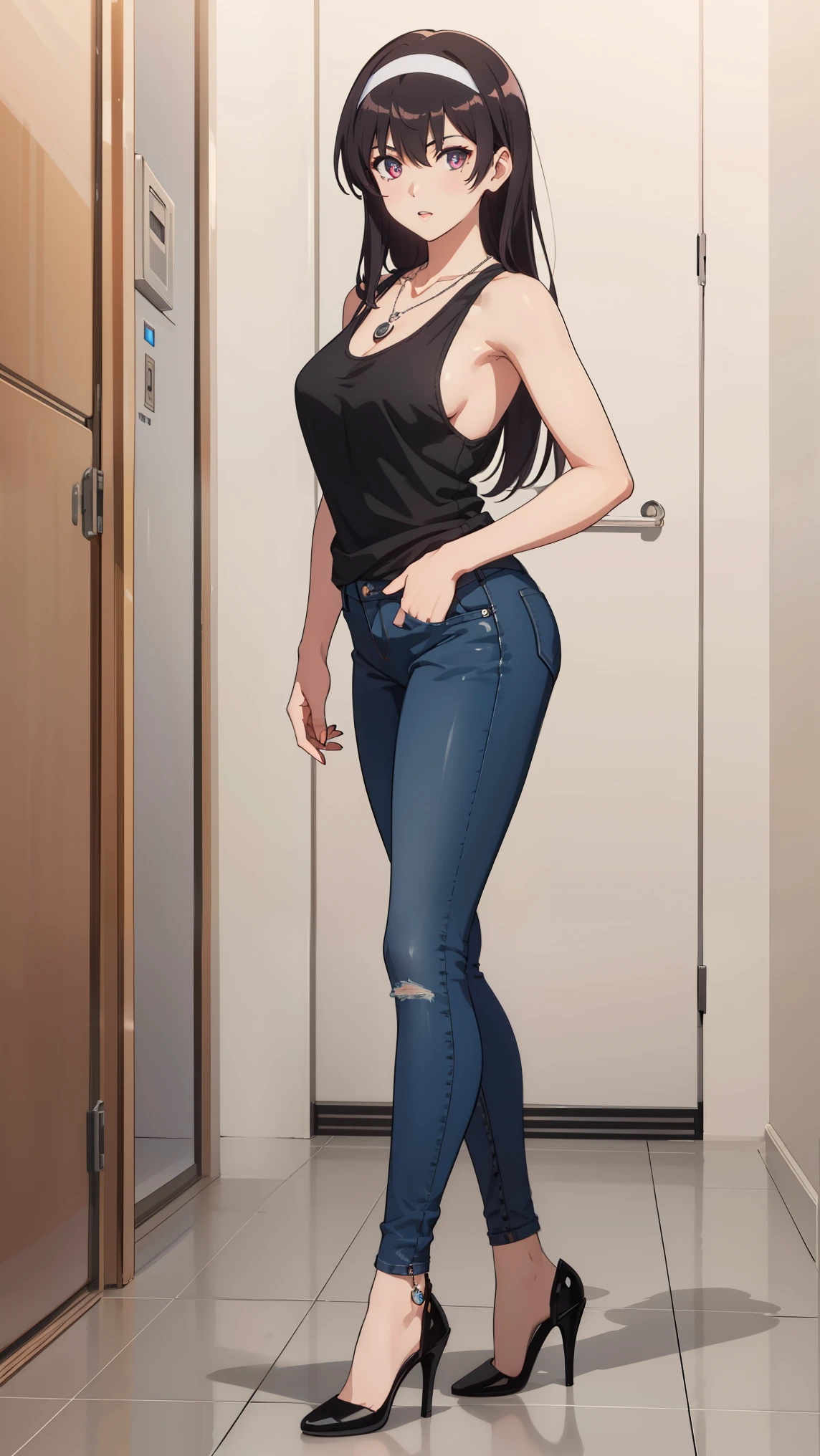 tall body, tall, long legs, mature female, mature, adult, eft_saekano_utaha, kasumigaoka utaha, 1girl, solo, long hair, black hair, hairband, breasts, red eyes, white hairband,
BREAK ((black tank top shirt,Locket Necklace,Skinny jeans,Stiletto heels:1.2)),
BREAK looking at viewer, show off breasts, take off clothes and show off breasts, chest protruding pose,arms behind back, 
BREAK indoors,
BREAK (masterpiece:1.2), best quality, high resolution, unity 8k wallpaper,NSFW ,(illustration:0.8), (beautiful detailed eyes:1.6), extremely detailed face, perfect lighting, extremely detailed CG, (perfect hands, perfect anatomy),