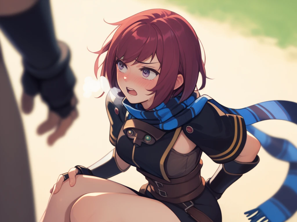 extremely detailed, anime, Lighting from the front, 
(Ellen 18-years-old, short dark layered hair, Brown-eyed, small breast:1.0),
Fantasy rogue outfit, rogue hood, groin, spread legs , grin , at dungeon, at dungeon 