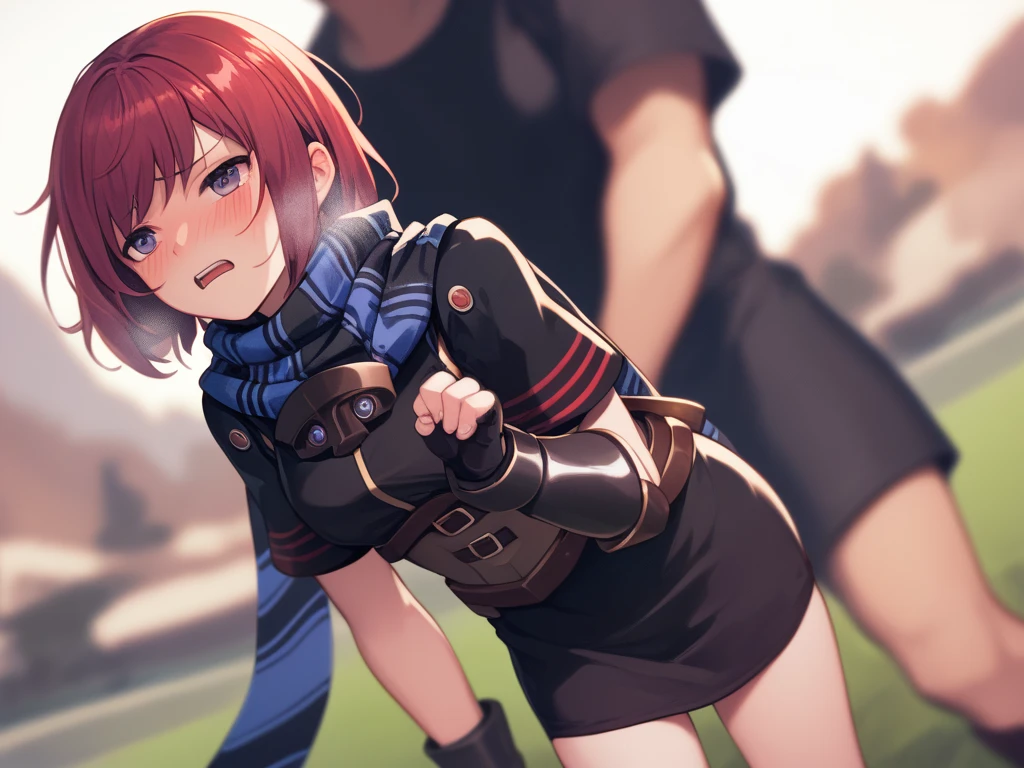  score_9,   score_8_up,  score_7_up nel zelpher,  black dress, Short dress,  striped scarf, Arm guard, Fingerless gloves,  black knee high ,
depth of Field, Field,  blush,  rough breathing