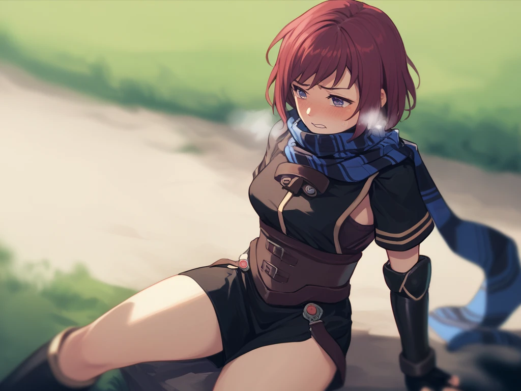  score_9,   score_8_up,  score_7_up nel zelpher,  black dress, Short dress,  striped scarf, Arm guard, Fingerless gloves,  black knee high ,
depth of Field, Field,  blush,  rough breathing