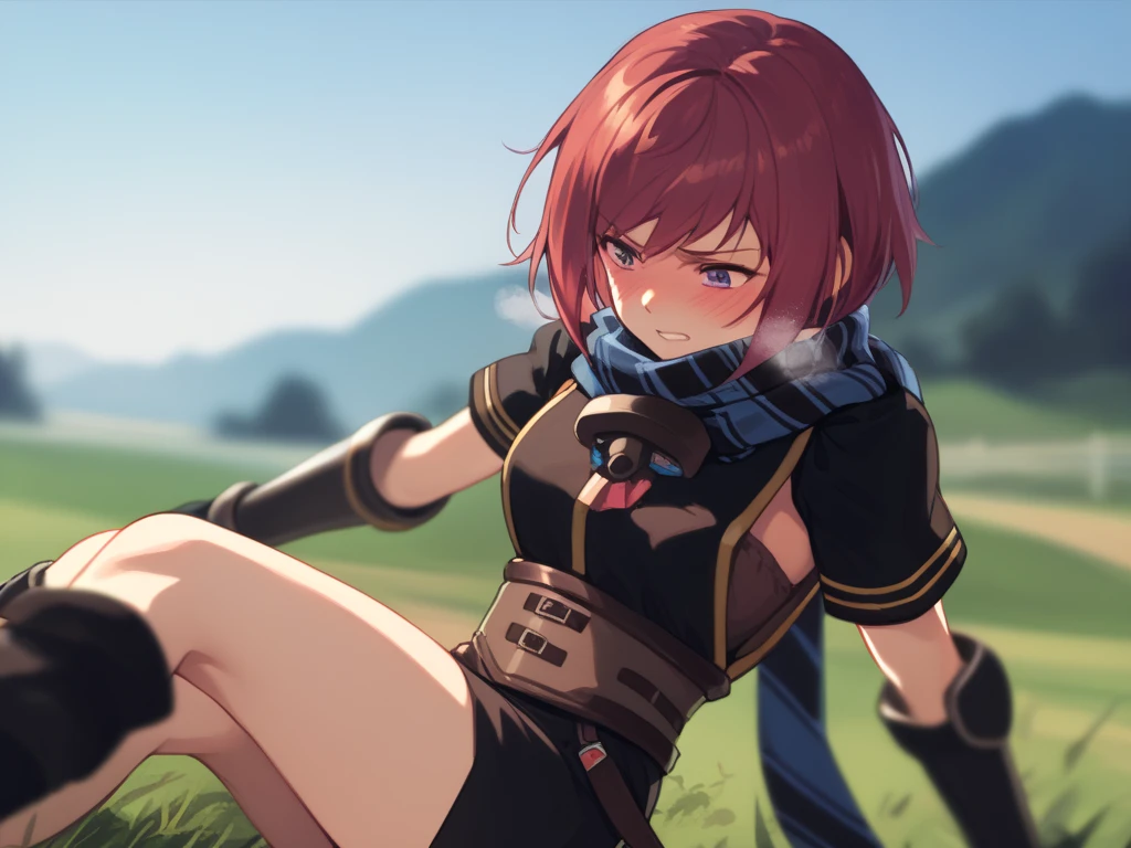  score_9,   score_8_up,  score_7_up nel zelpher,  black dress, Short dress,  striped scarf, Arm guard, Fingerless gloves,  black knee high ,
depth of Field, Field,  blush,  rough breathing