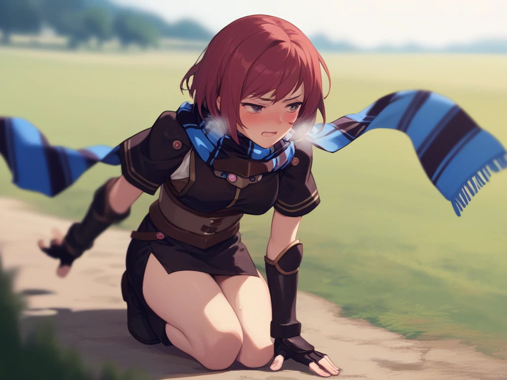  score_9,   score_8_up,  score_7_up nel zelpher,  black dress, Short dress,  striped scarf, Arm guard, Fingerless gloves,  black knee high ,
depth of Field, Field,  blush,  rough breathing