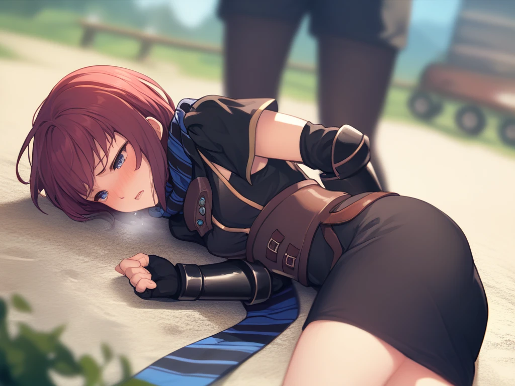  score_9,   score_8_up,  score_7_up nel zelpher,  black dress, Short dress,  striped scarf, Arm guard, Fingerless gloves,  black knee high ,
depth of Field, Field,  blush,  rough breathing