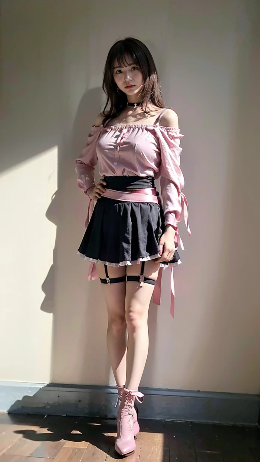 (8K、RAW Photos、Highest quality、masterpiece:1.2)、(Highest quality、Realistic)、1 Girl、((ribbon、Tube top、Medium Hair、Big Breasts、Breast enlargement、smile、Pink and black、mini skirt、Thin legs、whole body、boots、garden、View from the front、Looking into the camera、Idol Costume、Stand with hands on hips))、cute