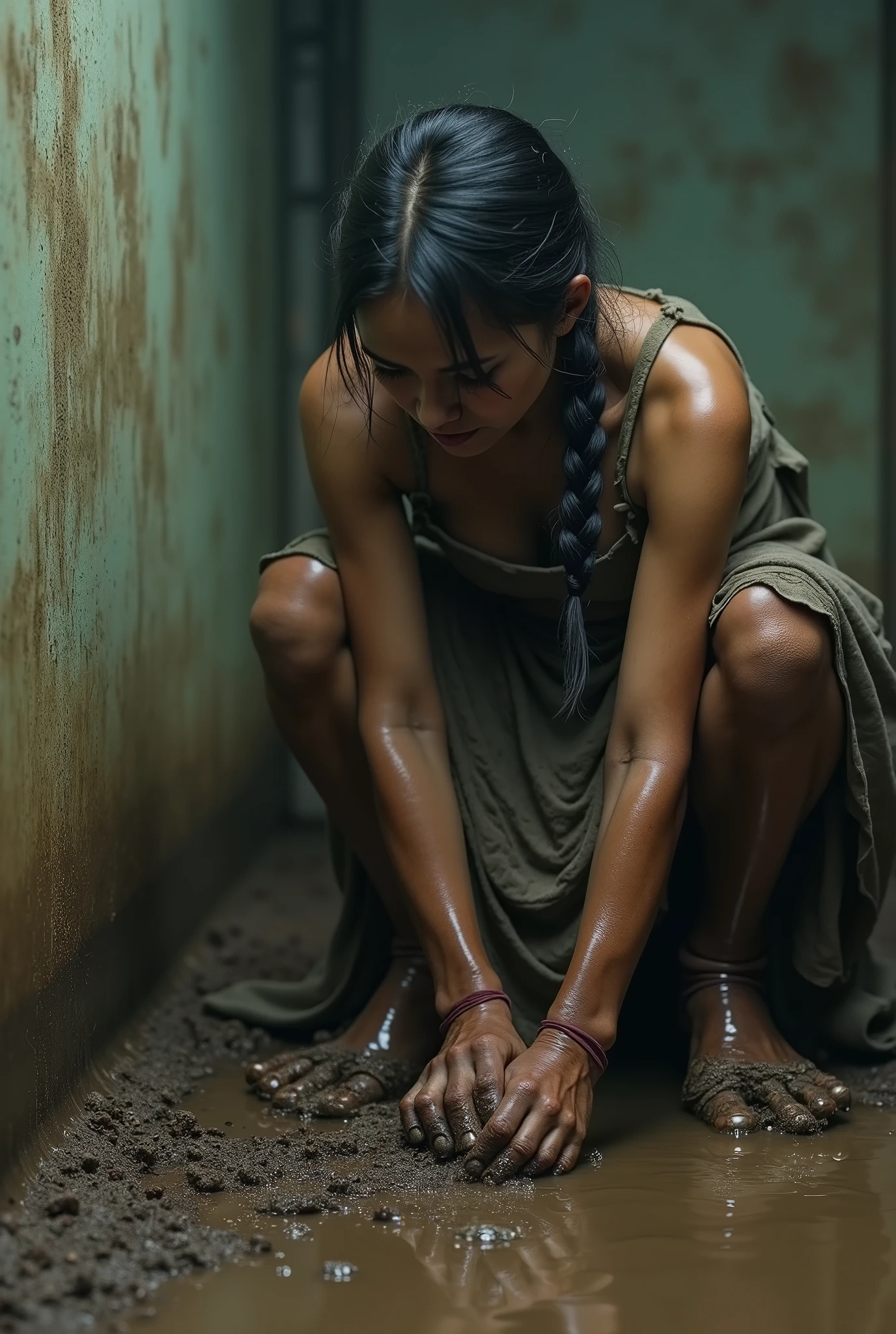 Beautiful naked girl sitting upright Crying face There is a rope around his neck Small breasts Garbage dump Dirty places Do not allow the rope to touch anything other than your neck. Keep your legs closed