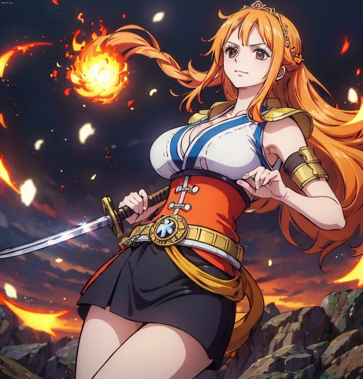 Nami one piece dressed in a red dress with black boots with arms crossed in a sensual pose showing cleavage , seios , mostrando suas pernas , qualidade de imagem ultra hd detalhada com cores vibrantes , pegando fogo de fundo 