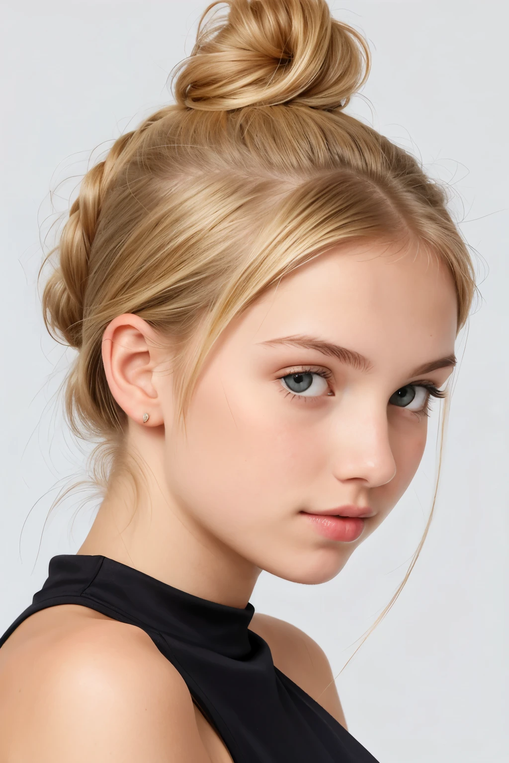 masterpiece, best quality, realistic, girl child hair BLONDE bun, long hair, SILVER JACKET, broad shoulders, small head, upper body, (white background: 1.3), mouth closed.
