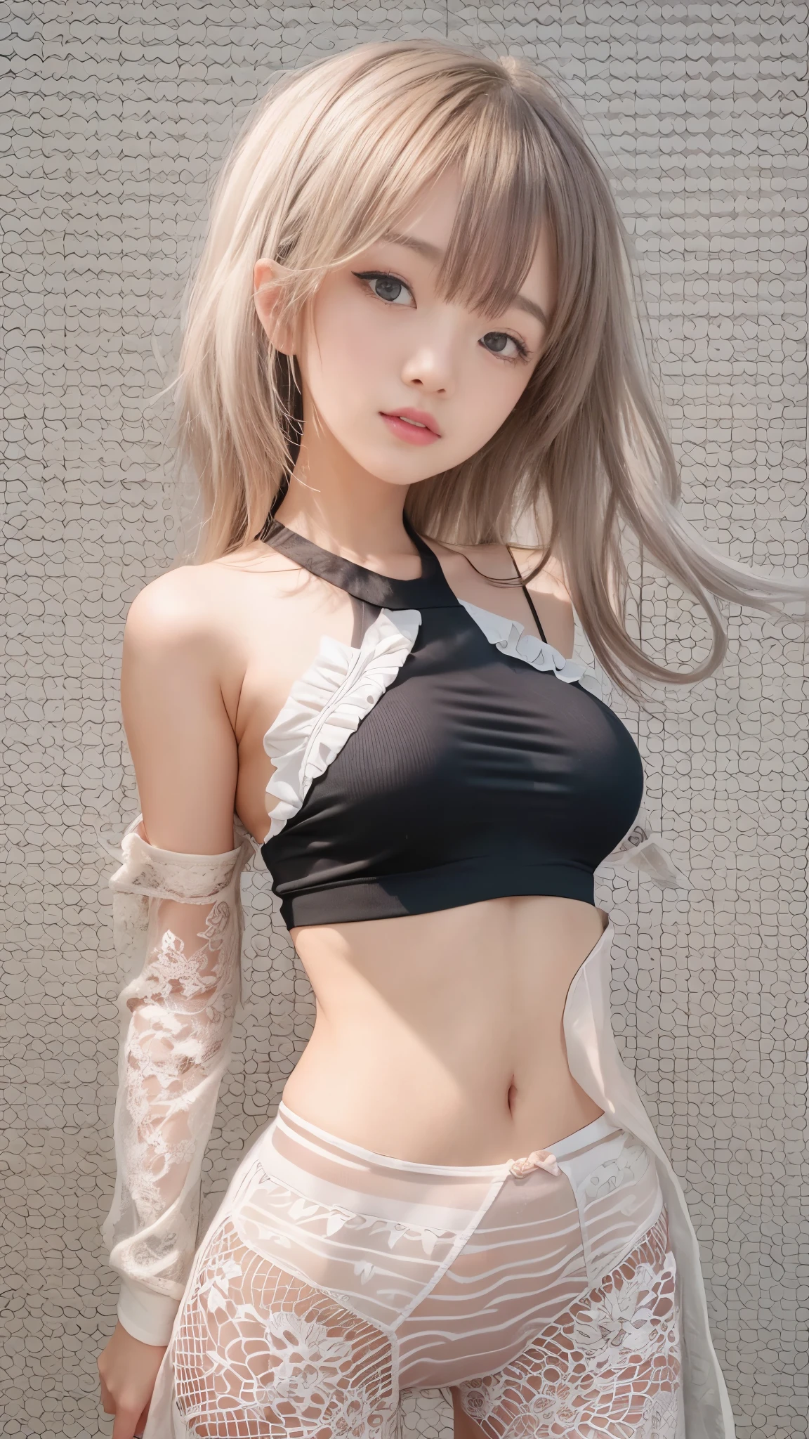 Nude,Sexy、Sexy cute looks and cute  beautiful girl, Beautiful and sexy face、A strong wind blows my hair in front of my face、Beautiful long straight greyish-beige hair with beautiful, cute and sexy eyes hidden by long bangs、Completely naked、open clothes,white off shoulder,See-through