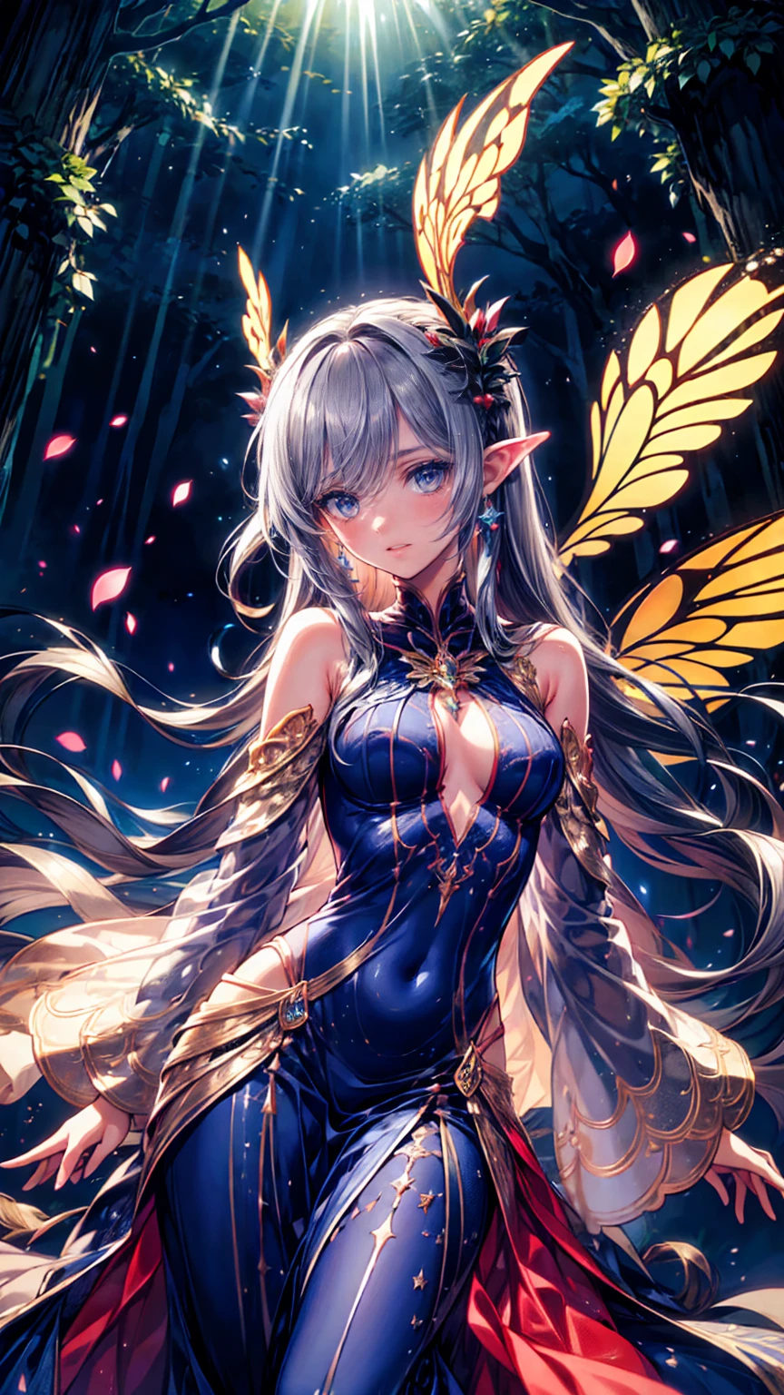 1 sister, tmasterpiece, The is very detailed, ((电影灯光)), (glowing), ((dramatic lights)), ((Beautiful and detailed light)), Complicated details, lens flare glow, colorfulhair, rainbow hair, Long gray hair, multicolored dress, butterfly hair ornaments, butterflys, (Light particles), place one's arms behind one's back, [Beautiful curves], cow boy shooting, light  smile, Green-eyed, Chis, stained glass, spotlight lights, Deep dark background, Flutter, Flutter, looking at viewert,((Colorful))