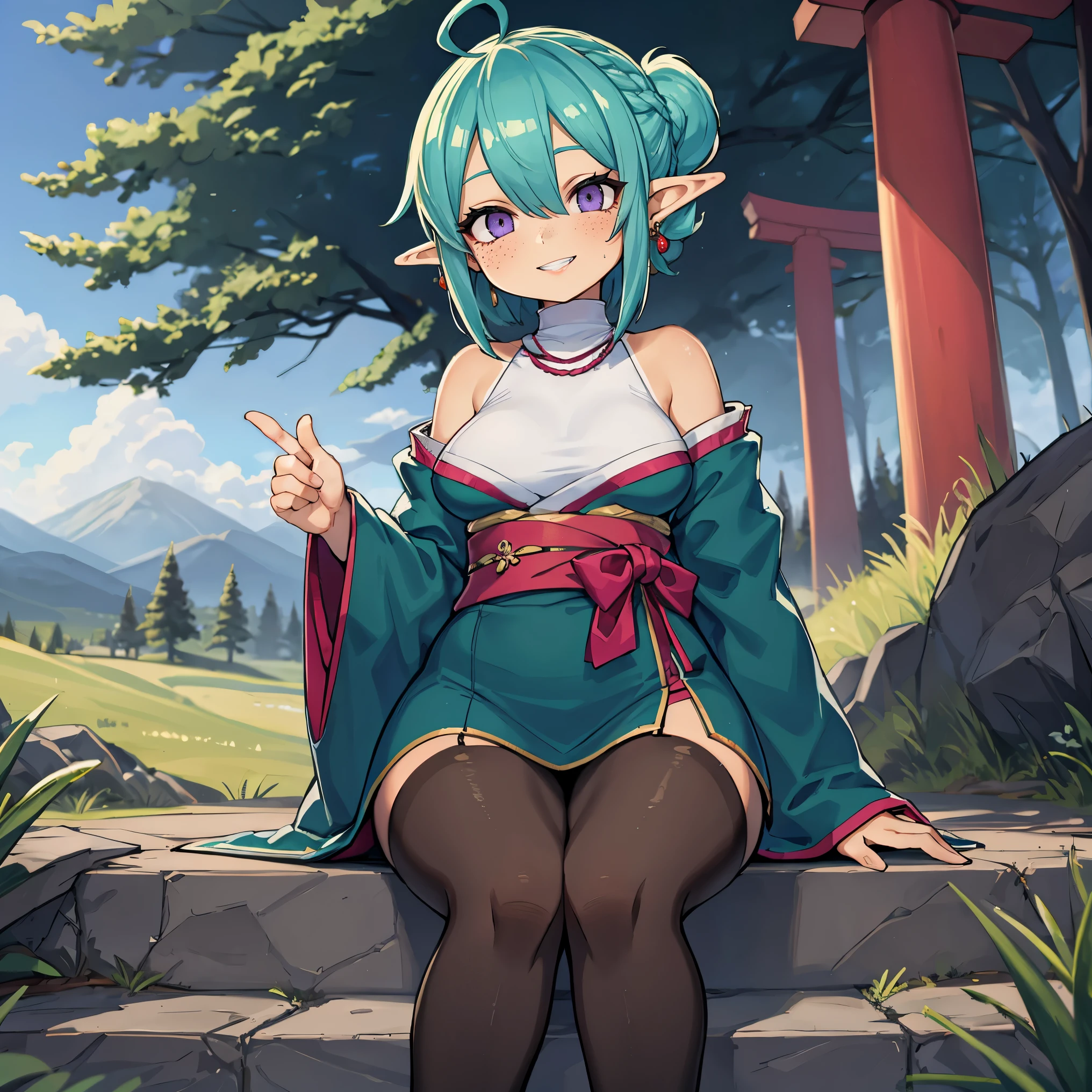 1girl, (pink and teal:1.4), (masterpiece), best quality, 8k, professional photography, dynamic lighting,
BREAK, 
(purple eyes), detailed eyes, High Elf, (tan skin:1.3), pastel green hair, ((ahoge french braid:1.2)), small breast:1.3, small hips, big waist:1.2, (red lips), eyeliner, blush, (freckles), elf ears:1.2, glistening eyes with intricate highlights, BREAK, 
pearl earrings, toothy smile,
BREAK,
Grey tartan mini skirt, black fitted long-sleeve top, (sheer black pantyhose), black pointed-toe heels, delicate earrings, modern with a classic twist, Relaxed stance with one shoulder against a wall, one hand in a pocket, and the other resting lightly on the surface,
BREAK,
A traditional Shinto shrine set amidst towering pine trees, surrounded by misty mountains, wooden torii gates, and stone steps covered in moss, illuminated by soft sunlight filtering through clouds.,