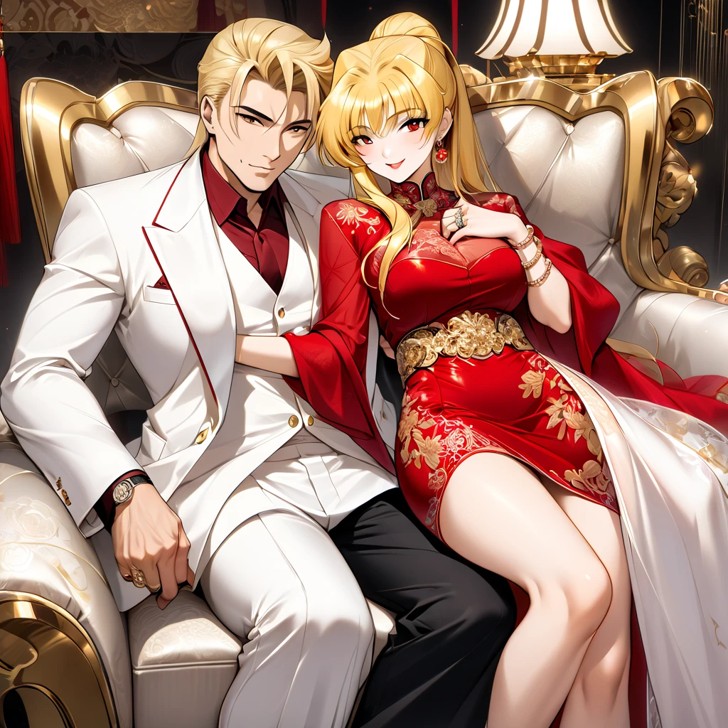 The woman who is the wife of the Chinese Mafia boss is a happy, beautiful blonde Fate Testarossa, who is hugged by a Chinese mafia man as the wife of a strong Chinese mafia boss man wearing a luxurious red see-through Chinese dress with jewelled earrings, bangles, rings, necklaces, waist chains, etc., and is hugged by a Chinese mafia man as the wife of a strong Chinese mafia boss man wearing a luxurious costume, and they are happily smiling and snuggling up together on a luxurious sofa、(( best quality)), ((masterpiece)), ( Details), （ perfect face）,The woman who became the Chinese Mafia's family both physically and mentally and became the wife of the Chinese Mafia boss is a blond Fate Testarossa with excellent proportions 