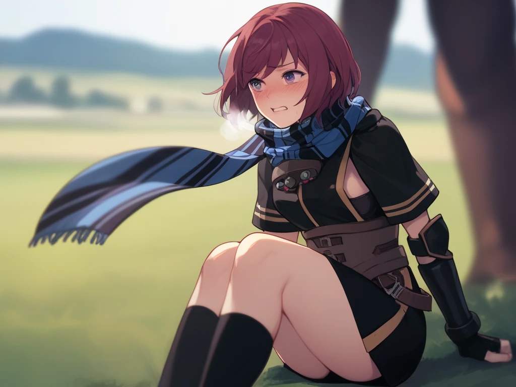  score_9,   score_8_up,  score_7_up nel zelpher,  black dress, Short dress,  striped scarf, Arm guard, Fingerless gloves,  black knee high ,
depth of Field, Field,  blush,  rough breathing