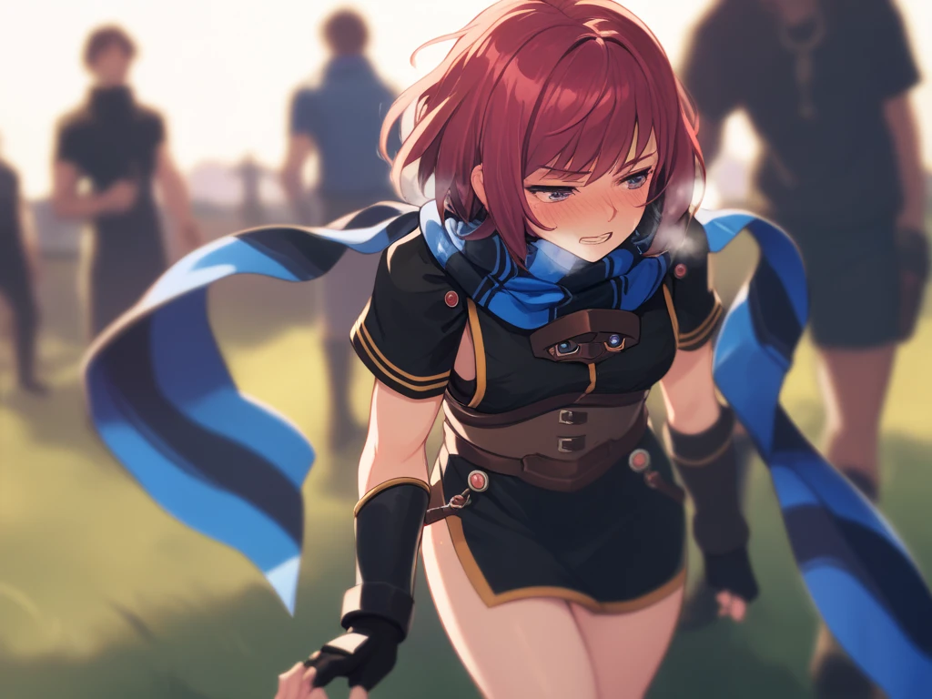  score_9,   score_8_up,  score_7_up nel zelpher,  black dress, Short dress,  striped scarf, Arm guard, Fingerless gloves,  black knee high ,
depth of Field, Field,  blush,  rough breathing