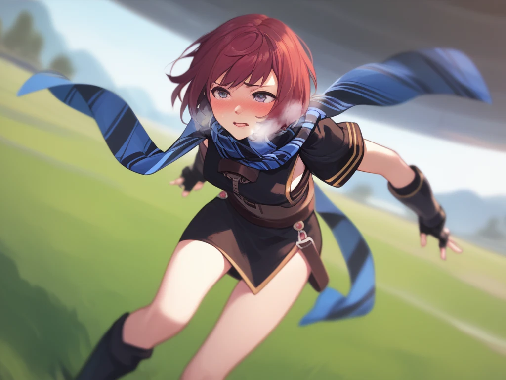  score_9,   score_8_up,  score_7_up nel zelpher,  black dress, Short dress,  striped scarf, Arm guard, Fingerless gloves,  black knee high ,
depth of Field, Field,  blush,  rough breathing