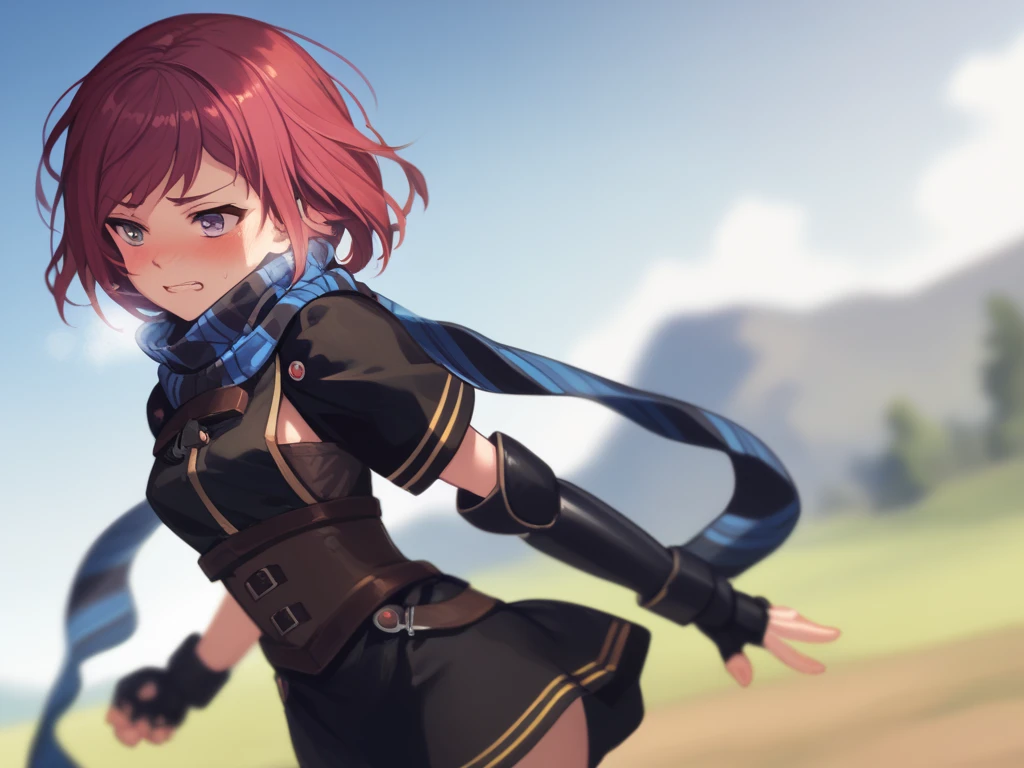  score_9,   score_8_up,  score_7_up nel zelpher,  black dress, Short dress,  striped scarf, Arm guard, Fingerless gloves,  black knee high ,
depth of Field, Field,  blush,  rough breathing