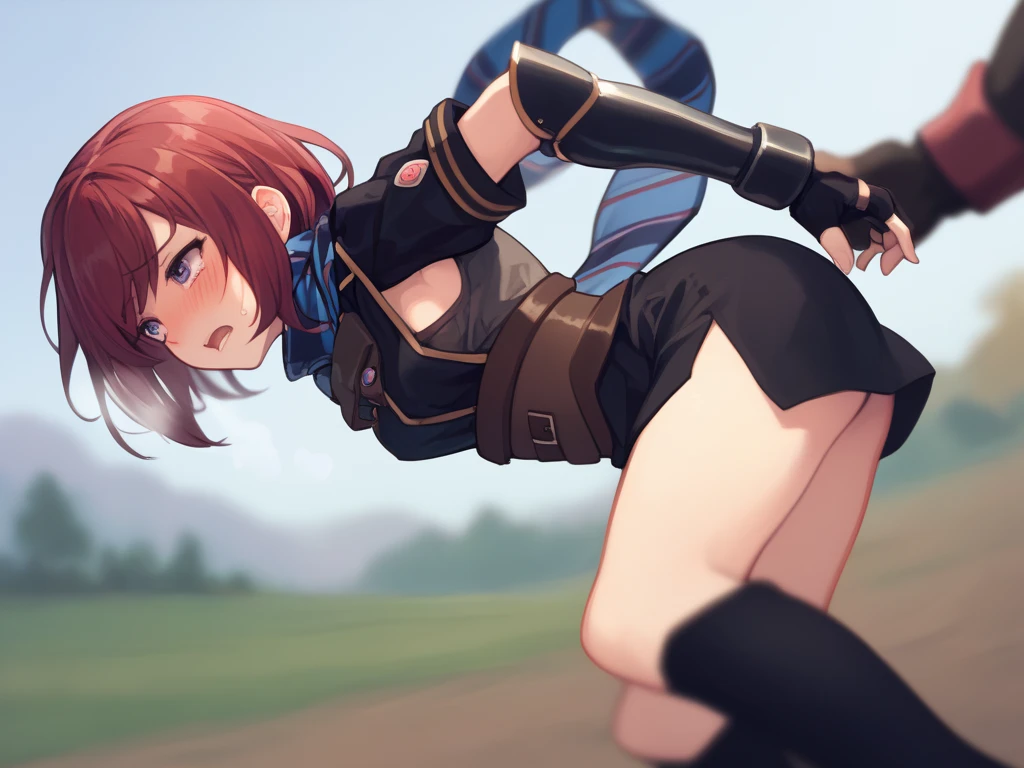  score_9,   score_8_up,  score_7_up nel zelpher,  black dress, Short dress,  striped scarf, Arm guard, Fingerless gloves,  black knee high ,
depth of Field, Field,  blush,  rough breathing