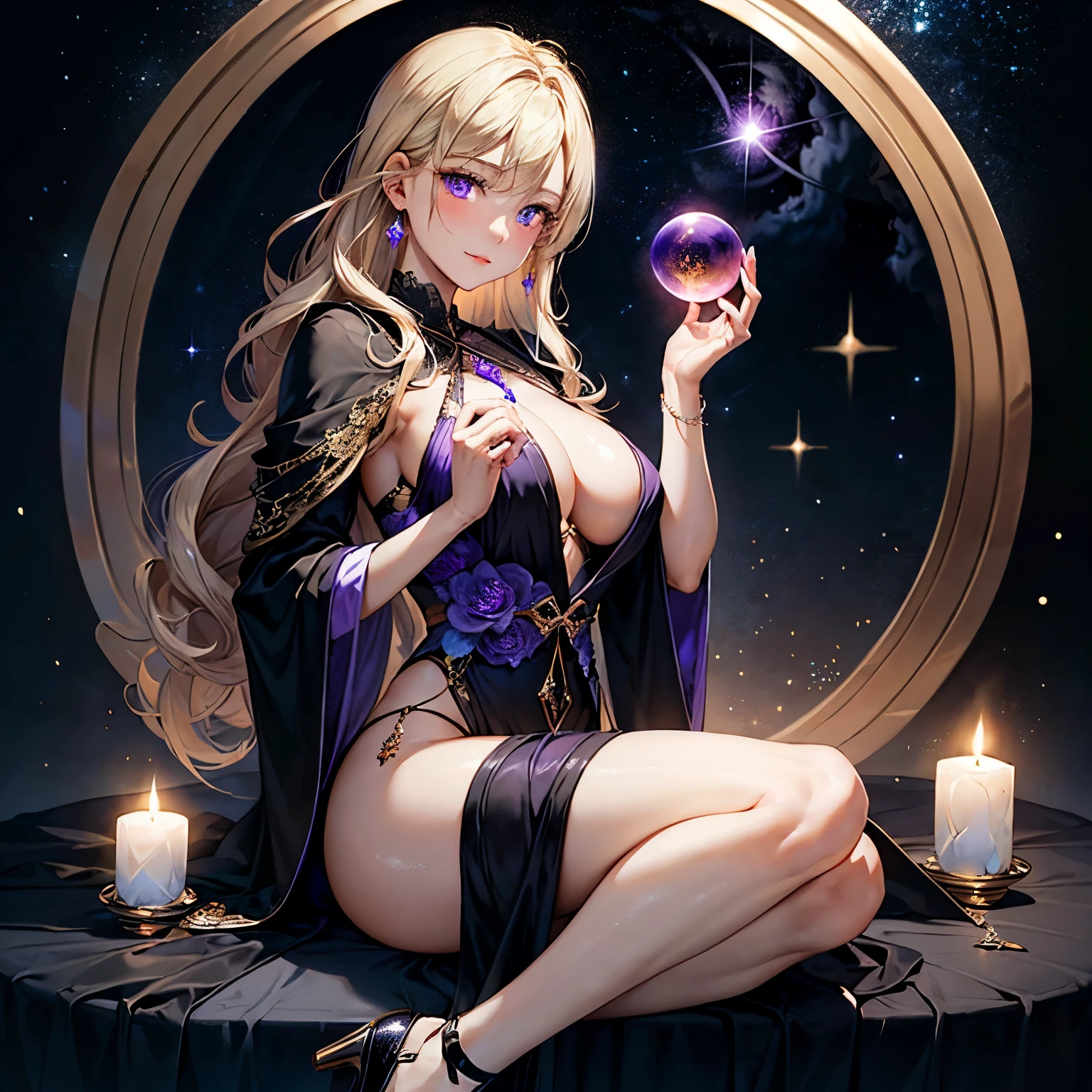 Full body view, (nerdy scientist), possessed by a demonic pendant, submissive to it's will, posing seductively, (masterfully crafted glow), hyper details, (delicate details), octane render, (rendered by pixar), sexy erotic portrait, detailed glow, long blonde soft curls, pale skin, full large breasts, highly detailed half closed eyes, detailed face, euphoric anime eyes, looking up, heavy blush, dark black eyeshadow, extra long seductive eyelashes, bright purple eyes, open mouth, moaning, slutty lips, highly detailed ancient library background.