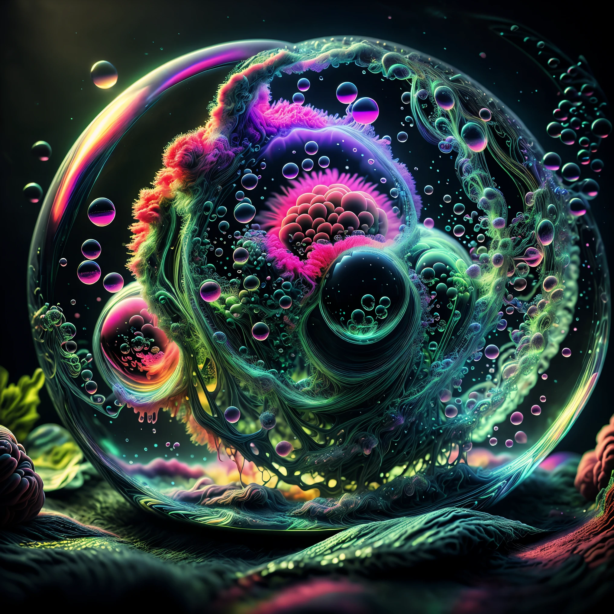 a breathtaking psychedelic digital artwork, (best quality,4k,8k,highres,masterpiece:1.2),ultra-detailed vibrant fluorescent neon colors,intricate rainbow 3d glass-like environment,shimmering glass bubbles morphing out of swirling colors, neon colors twisted through glass orbs and melting the glass to drip into glass spheres, colored liquid fizzing to the ground, glowing light and reflection,4d mandelbulb psychedelic landscape,bright overexposed backlighting with depth of field,award winning masterpiece,pixel art,portrait photography,photorealistic,hyperdetailed,glass morphism,sparkle,God rays,optical illusion,rotational symmetry,reflective light,overexposure,backlighting,symmetrical reflective bubbles and spheres,extremely detailed bubbles and spheres,swirling spirals and vortex,bright vibrant colors popping out from 3d glass spheres,psychedelic underwater brightness and glow with neon colors,glowing colors twist inside of translucent glass spheres and bubbles with light and color reflecting off of both in bright fluorescent colors,psychedelic trip,fluorescent and neon aesthetic,psychedelic vibrant colors,bright psychedelic paint splattered backgrounds,surrealism,digital art run through a kaleidescope and projected into a funhouse of warped mirrors.Within a black abyss Intense bright, colorful, perfectly symmetrical glass globes criss crossed back and forth with different colors of laser lights covering the circumstances of the globes and contrasting the glowing light of acidzlime within the glass. Smaller spheres of glass also pierce the black absence of light with luminescent neon pink and neon green liquid fizzing and overflowing with acidic bubbles and emptying out into reflective glass orbs that melt and drip vibrant colorful symetrical patterns that cover the ground and merge together in a quilt of intricate and complex designs. High fantasy, magical effects, hypperrealistic, hyper detailed, very aesthetic.