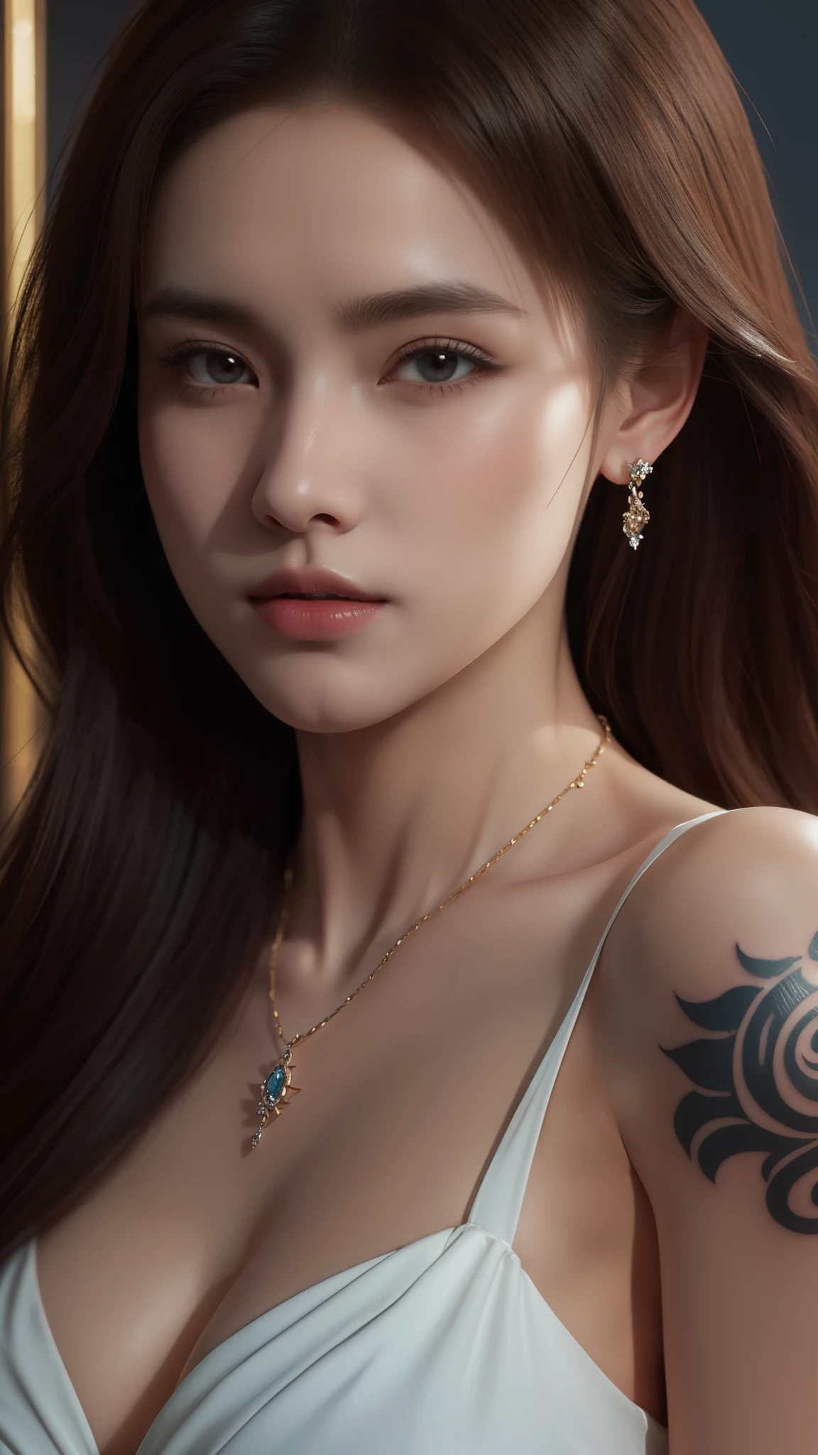 photorealistic, high resolution, 1women, solo, hips up, look at viewer, (detailed face), blode hair, black suit, mafia, tattoo, jewelry