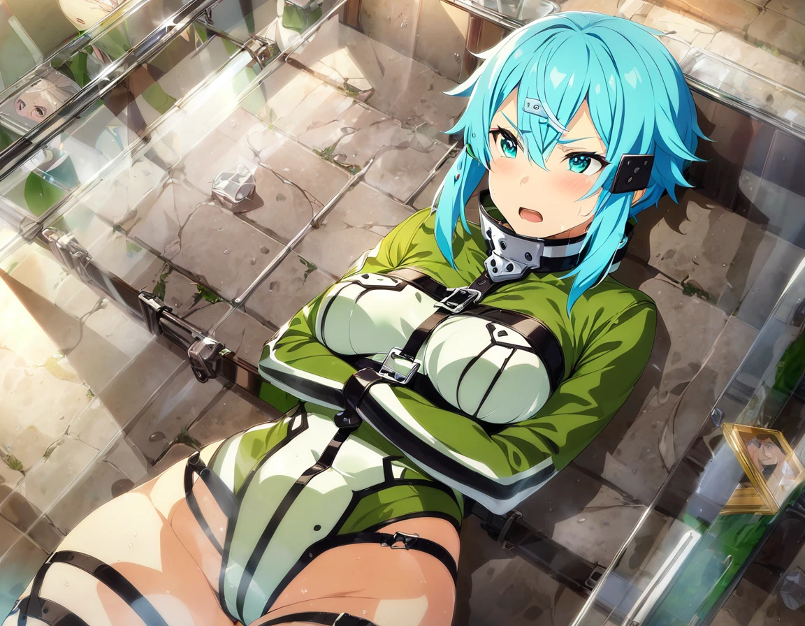  one girl  ,   Movie-like  , Game CG,   Animated Screenshot,   Official Art, masterpiece,   best quality,  Constraints着を着た少女 , Latexstraitjacket, Disheveled Hair, Restraint Belts Everywhere  ,Arms tied, Latex straitjacket , sinonggo, aqua eyes, short hair, aqua hair, sidelocks, hair between eyes, hairclip, hair ornament, green jacket, leotard, scarf, black shorts, gloves, long sleeves, medium breasts, Constraints,  crosses her arms under her chest, prison, blue hair, Angry face,  blush, Glass Boxの中, Through the glass, Glass Wall, Glass Wallにおっぱいを押し当てる, Wet clothes,  sheer clothes, Glass Box,  open your mouth,  face up , Picture Frame, Glass Boxの中, Lying on your back