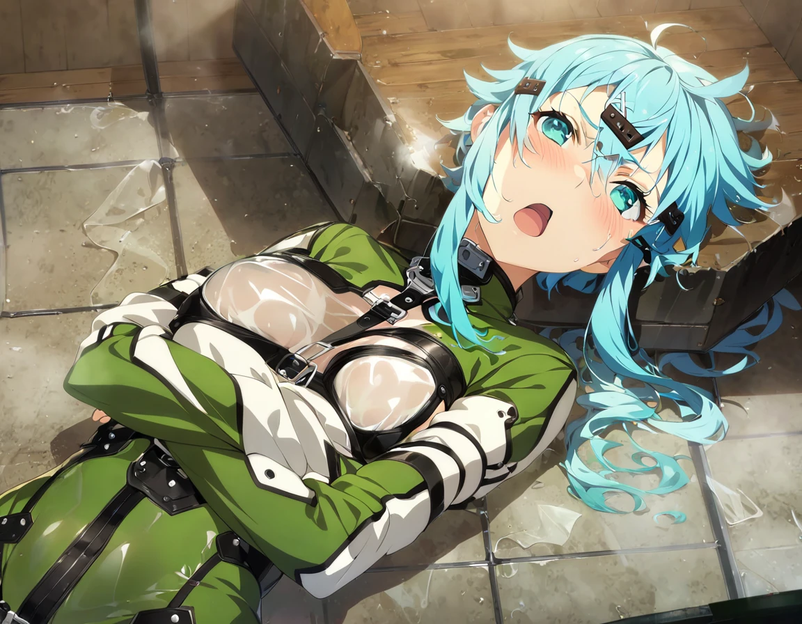  one girl  ,   Movie-like  , Game CG,   Animated Screenshot,   Official Art, masterpiece,   best quality,  Constraints着を着た少女 , Latexstraitjacket, Disheveled Hair, Restraint Belts Everywhere  ,Arms tied, Latex straitjacket , sinonggo, aqua eyes, short hair, aqua hair, sidelocks, hair between eyes, hairclip, hair ornament, green jacket, leotard, scarf, black shorts, gloves, long sleeves, medium breasts, Constraints,  crosses her arms under her chest, prison, blue hair, Angry face,  blush, Glass Boxの中, Through the glass, Glass Wall, Glass Wallにおっぱいを押し当てる, Wet clothes,  sheer clothes, Glass Box,  open your mouth,  face up , Picture Frame, Glass Boxの中, Lying on your back