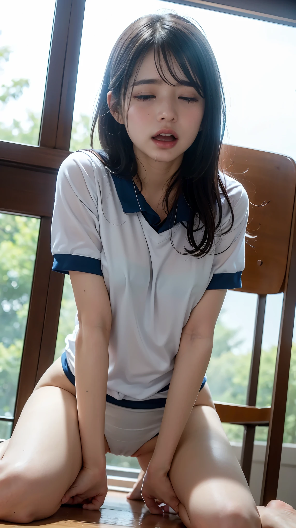 table top , best quality, shape, 非常に Detailsな, Details, High Definition , 8k wallpaper, Perfect Dynamic Composition, beautiful details , natural lips, Japanese school gym uniform, small breasts, ランダムにcuteポーズ, RAW Photos, Les ,cute, face,,(( random sexy pose 、put in、Deep joy, Drunk Eyes:1.2)), ((I gasp hard:1.2))、 ecstatic face、 climax expression、 My whole body is shaking 、 Official Art,非常に Detailsな CG Unity 8k 壁紙, (masterpiece:1.0),( best quality:1.0), photo shoot, 8k, play, High Definition , Kodak portrait 400 , film grain, Lens Flare Glow , very low camera angles , watch viewers ,nsfw, Female Masturbating ,( female orgasm :1.4),(Pussy juice:1.2),(I want to go to the toilet:1.1),(Urge to urinate:1.2),( putting her knees together {x} and taking both legs apart to look up and recline:1.3),( Sensual Hip Twist :1.3),(impatience:1.2),( panicked ),( fidget :1.3), ( Tears are flowing, I'm drooling :1.3),( close your eyes tightly, closed mouth :1.3), Sleeping on your stomach, Sexual positions on all fours, raise your butt high