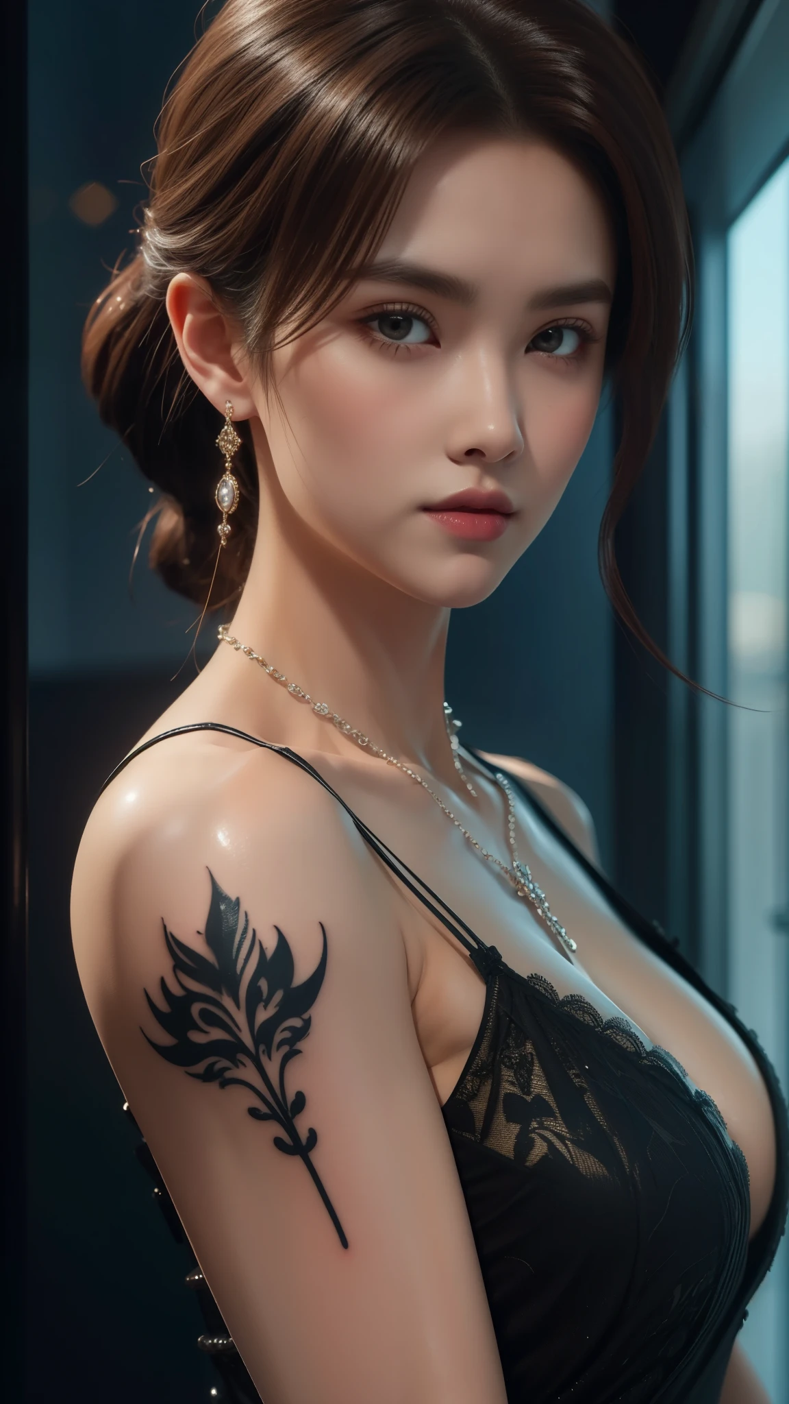 Game Art，Cg animation，Best image quality，Maximum resolution，8k，(A half-length photo)，(portrait)，(Head close-up)，(Rule of Thirds)，Unreal Engine 5 rendering works，20 year old girl，((Queen))，The eyes are very detailed，(Large Breasts)，Elegance and nobility，Movie Lighting，Ray Tracing，Game CG，((3D Unreal Engine))，OC rendering reflection pattern，4K，Ultra-clear，Translucent lace，Fair and plump figure，Pretty Face，Glossy Gel Coat，The Queen in a luxurious dress，Necklace jewelry，intricate tattoo designs，The tattoo is very delicate，goddess，Large breasts，Steel bracelet on arm，Turn one eye and close one eye