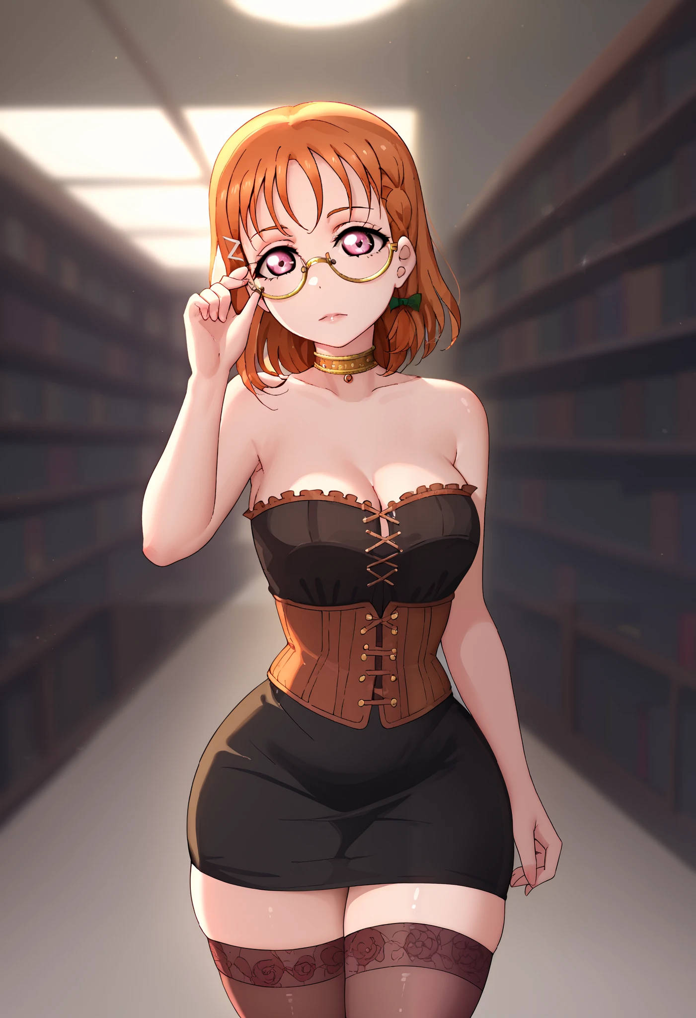 dynamic lighting , love live art style, takami chika , orange hair, medium hair, pink eyes, side braid, circle glasses, corset, pencil skirt,collarbone,neck ring, thighhighs, in black dark library , night , looking at viewer, strapless , adjusting glasses , shiny skin,Elijahzx art style,thin waist,curvy hips,solo