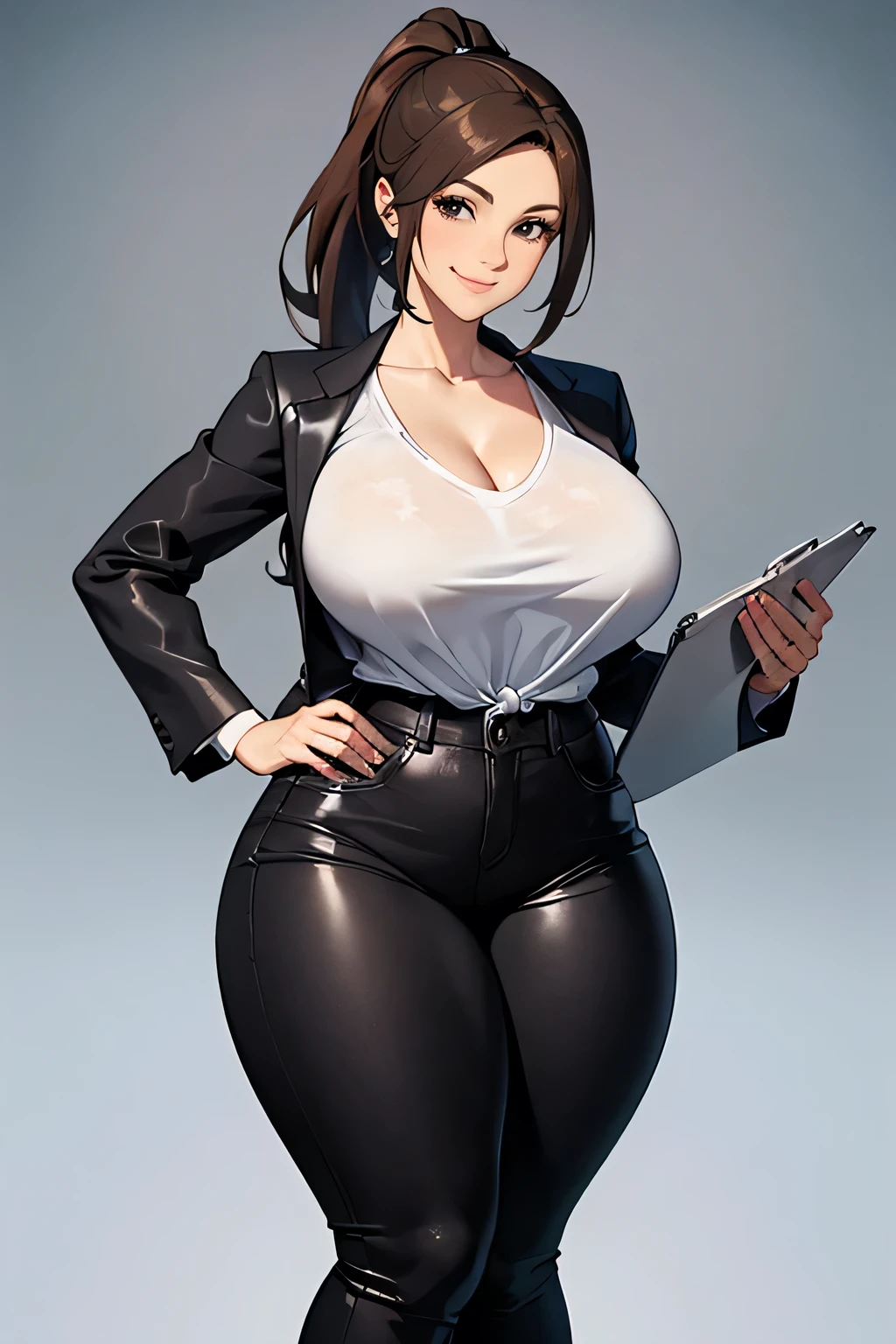 ((a woman holding a clipboard and standing)), 1woman, smile, black eyes, solo, mature female, tied hair, brown hair, ponytail, white t-shirt, (black suit), (black jeans), (médium breasts), neat figure, (thick thighs), (wide hips), (nice buttchecks), looking at viewer, normal background, high quality, uhd.