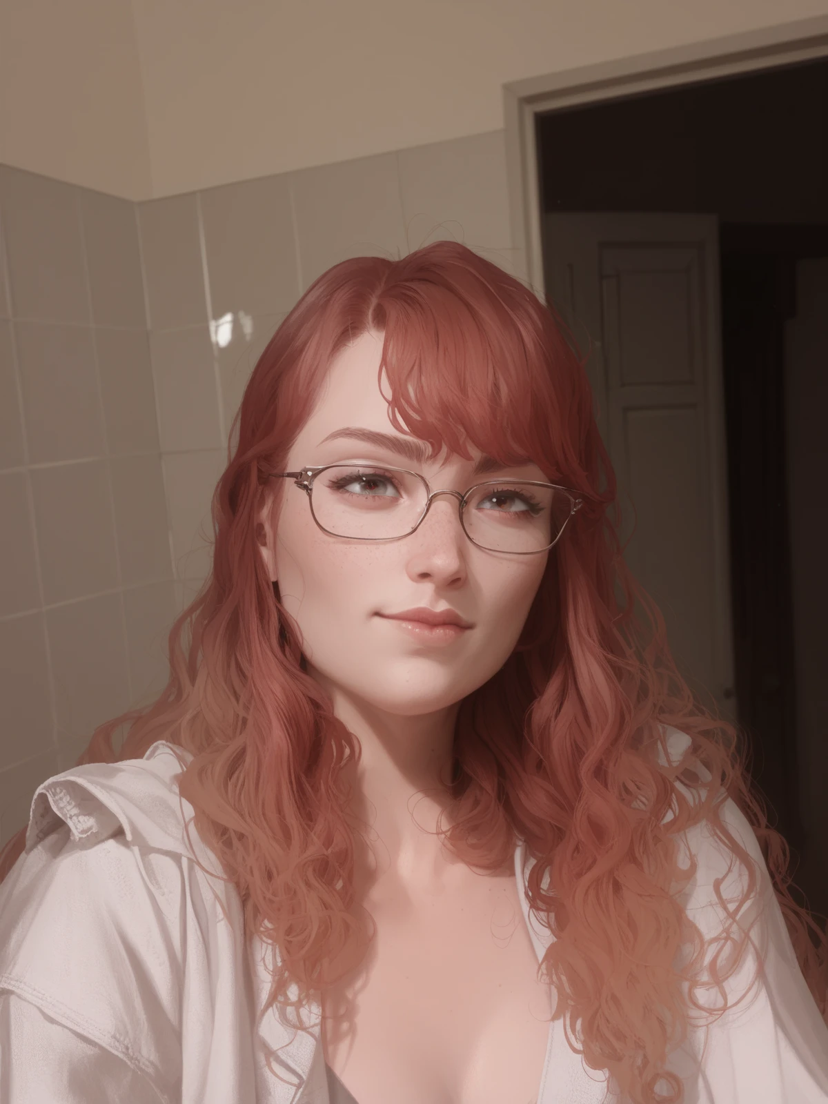Anime girl with long orange hair and a redress walking into a castle