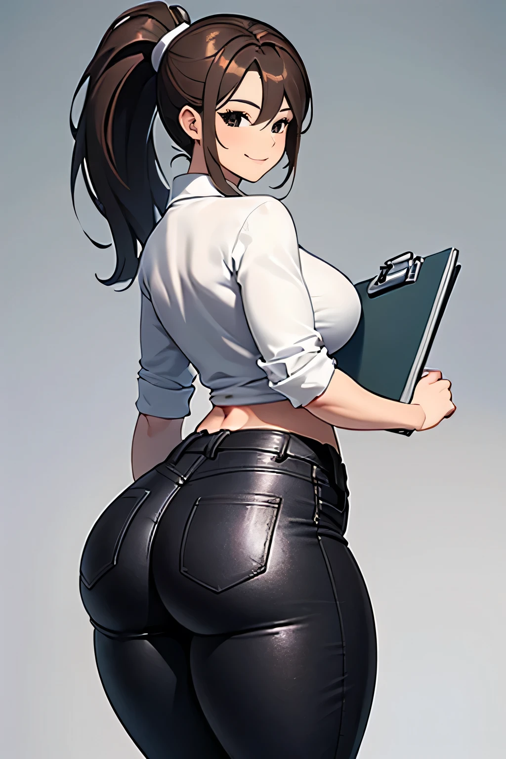 ((a woman holding a clipboard and standing)), 1woman, smile, black eyes, solo, mature female, tied hair, brown hair, ponytail, white t-shirt, (black suit), (black jeans), (médium breasts), neat figure, (thick thighs), (wide hips), (nice buttchecks), looking at viewer, normal background, high quality, uhd.