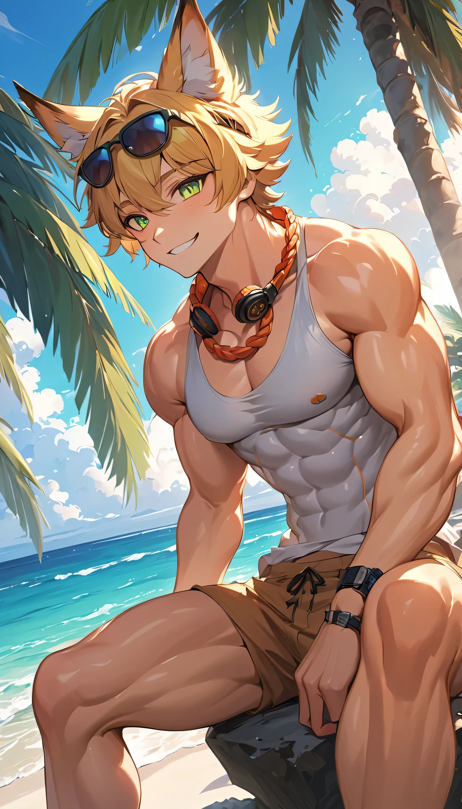 (POV: No NSFW, Extreme Masterpiece, Fanservice, CG Unity 8K Wallpaper, Anime Style, Couple, Man with chiseled abs and pecs, Woman exhibiting visible ample bust, Kneeling, Wide Body, Shot from a bottom angle, Dynamic, Windy, Soapy Skin, Outdoor Soap Bath Backyard, Couple Grabbing Each Other from Behind, Rubbing, Caressing, Man Flexing his Left Arm Upwards, Sunset, Evening)
(Tanned and Stunning, Perfectly Smooth and Lustful Chest), Blond Transparent Hair, Tight, Tiny,