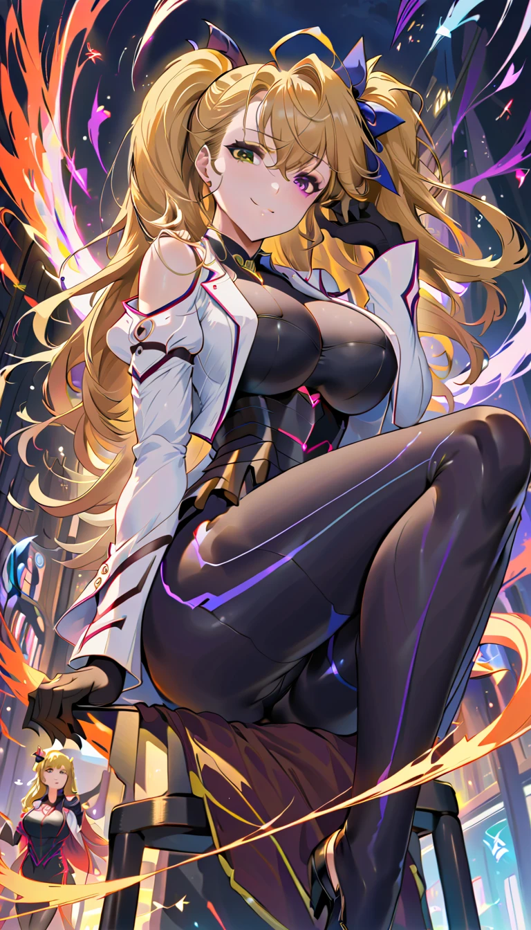 ((full body)), score_9,  score_8_up,  score_7_up,  score_6_up,  score_5_up,  score_4_up, sauce_Anime, bbvivio, aged up, Long Hair,  blonde hair , Ahoge,  Side Ponytail ,  hair bow,  heterochromia ,  Big Breasts ,  black bodysuit ,  cropped jacket,  white jacket ,  Puff Sleeves ,  Long Sleeve ,  black gloves , armor,  high detail,  High Quality ,smile, Wavy, 1 girl, Alone, Long Hair,  eye,  watching the audience, Particles of light, shut up, indoor, , bangs, ,  tilting your head ,Black Rose, 美丽细致的eye,   1 girl, Alone,  super detailed, Long Hit, Beautiful background,, .(  perfect hand, Perfect Legs，perfect feet， perfect anatomy),  ，M type，  transparent  ，Long legs，Low Cut，Release the shoulder， Touching the genitals，Correct body posture，Right leg shape  ，   Correct Body Ratio ，Correct thighs，Suitable shoes，Luxurious chair，，，